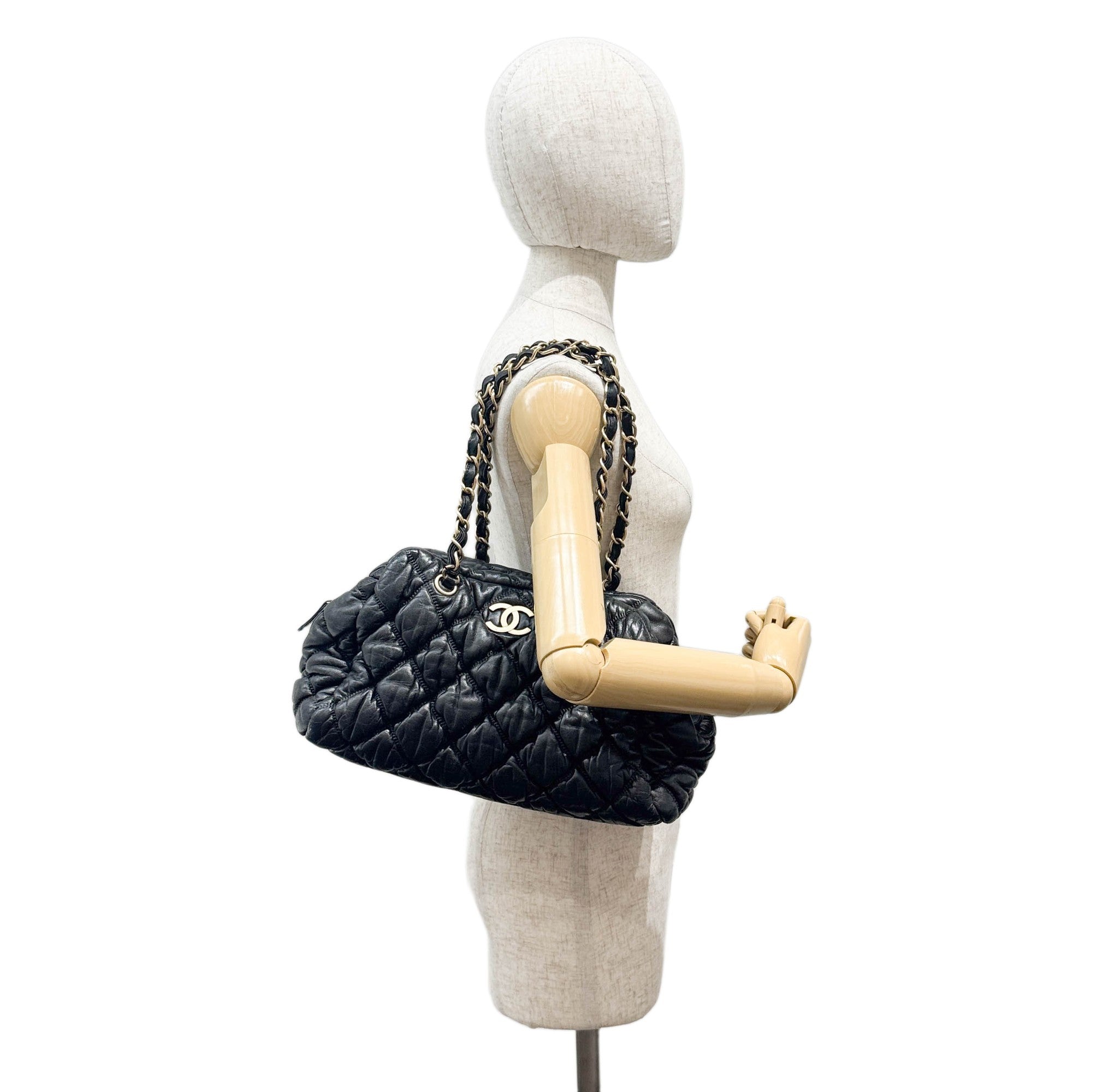 Bubble Quilt Black Leather Shoulder Bag