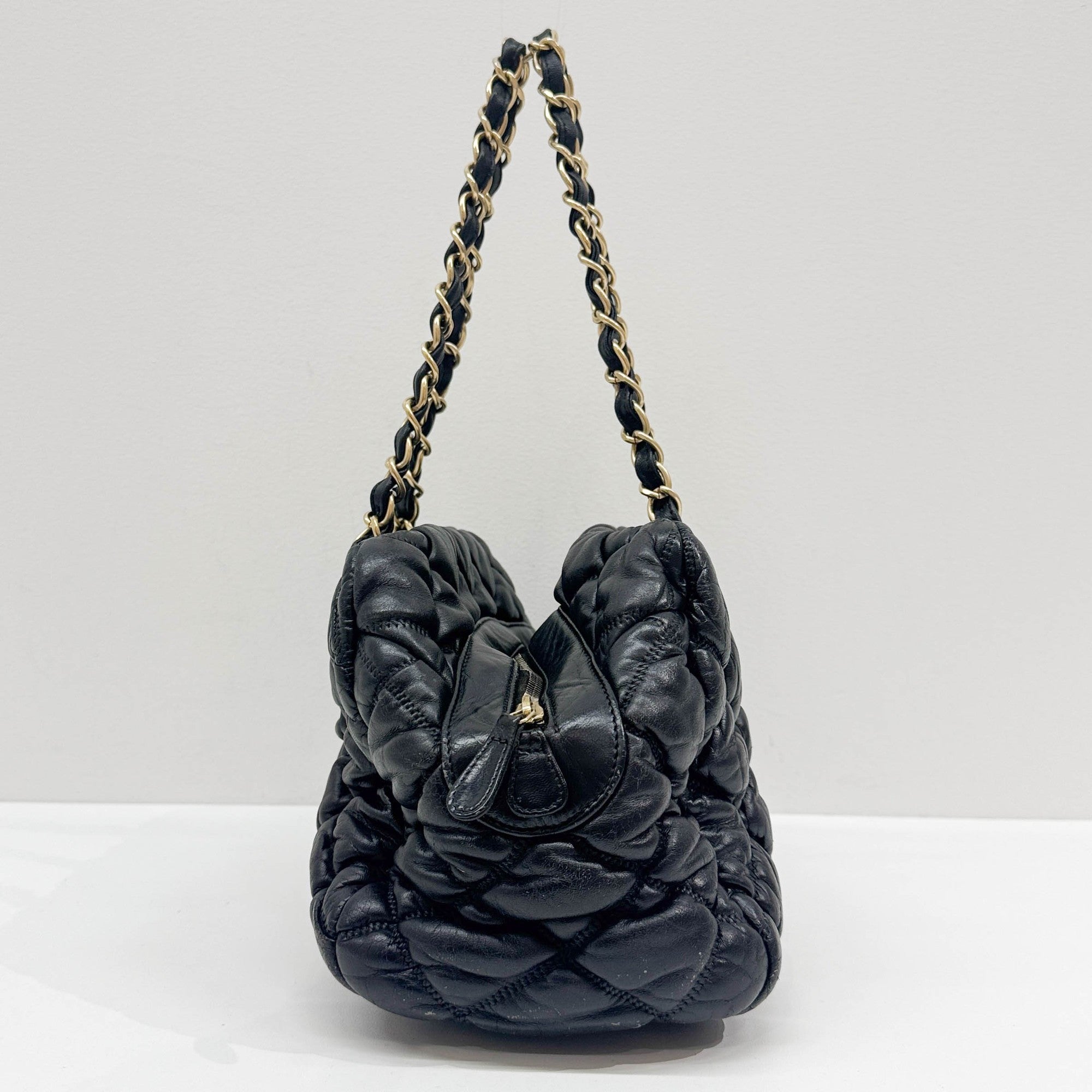 Bubble Quilt Black Leather Shoulder Bag
