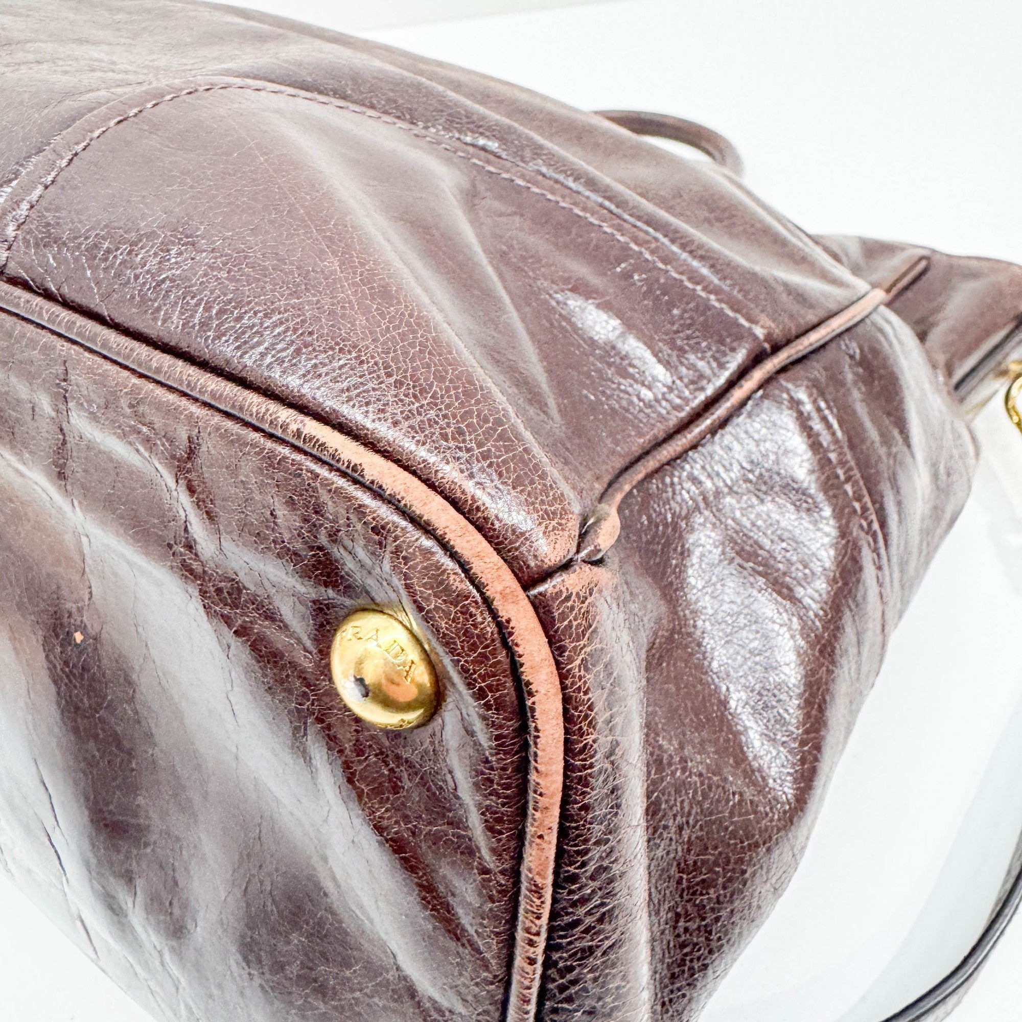 Vitello Shine Brown Leather Two Way Tote Bag