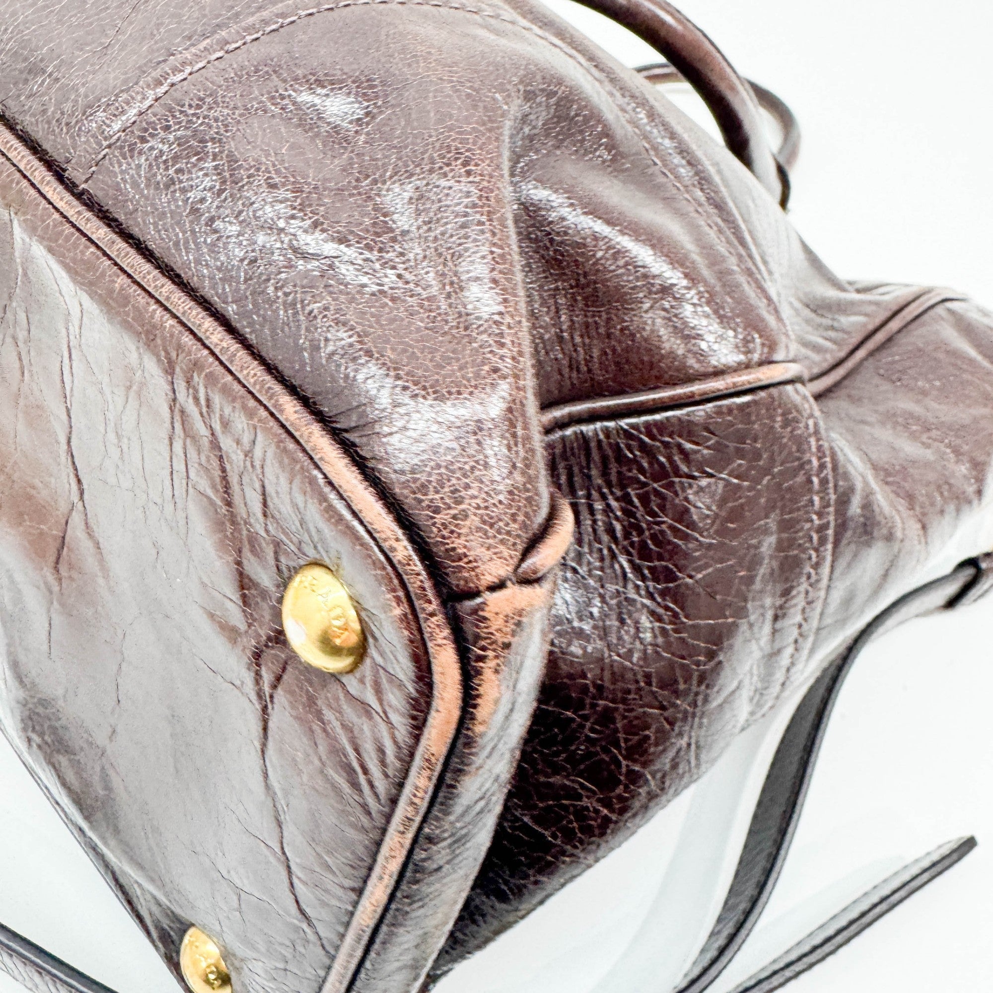 Vitello Shine Brown Leather Two Way Tote Bag