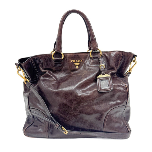 Vitello Shine Brown Leather Two Way Tote Bag