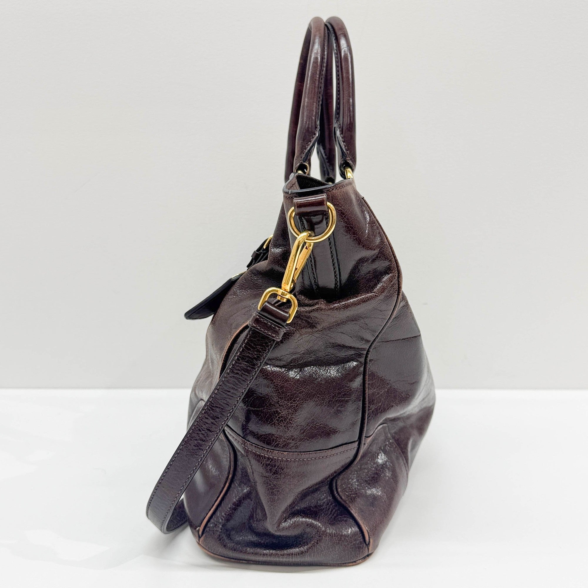 Vitello Shine Brown Leather Two Way Tote Bag