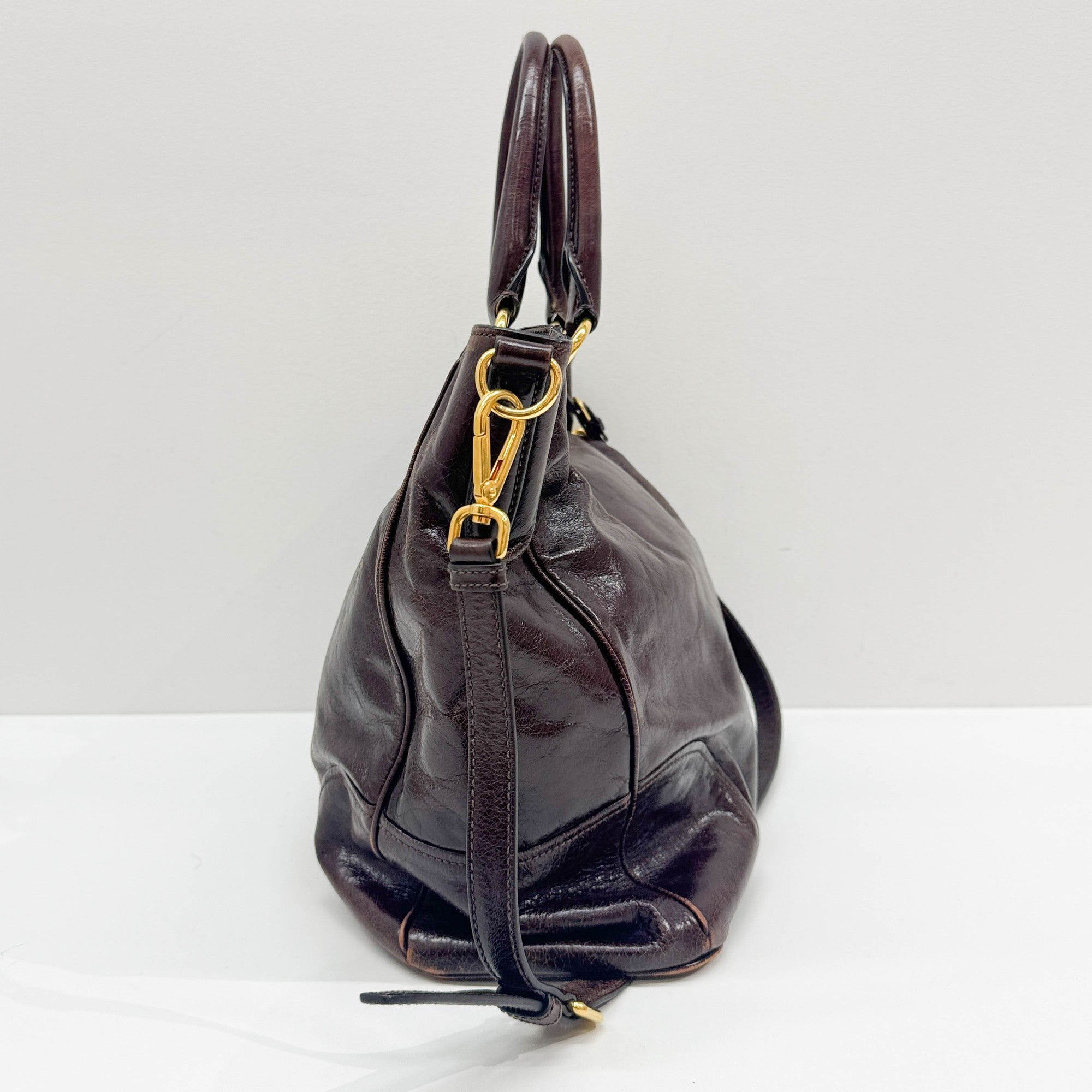 Vitello Shine Brown Leather Two Way Tote Bag