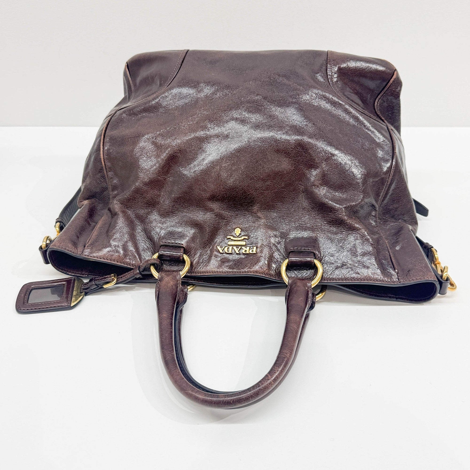 Vitello Shine Brown Leather Two Way Tote Bag