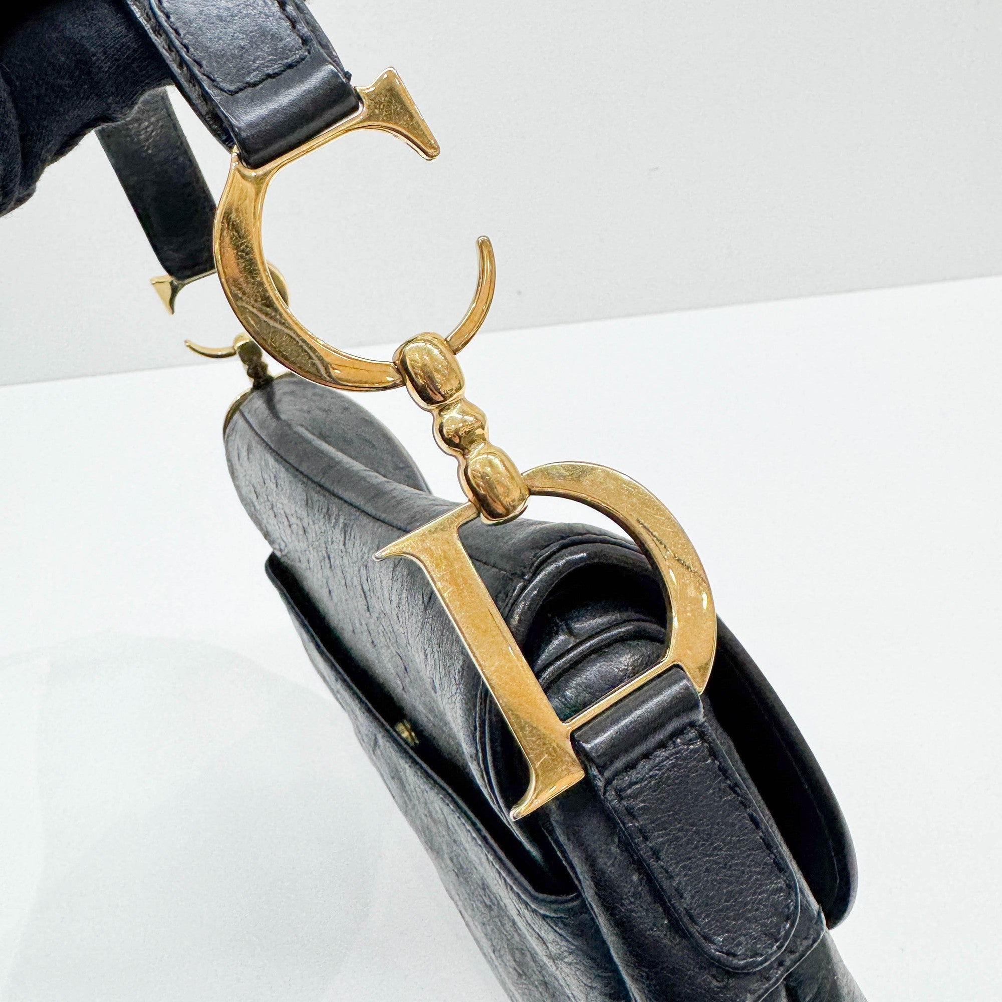 Saddle Black Ostrich Embossed Leather Shoulder Bag