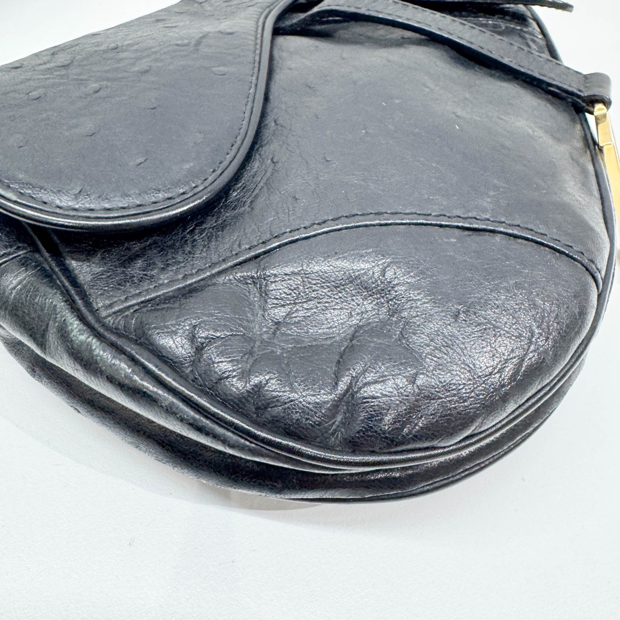 Saddle Black Ostrich Embossed Leather Shoulder Bag