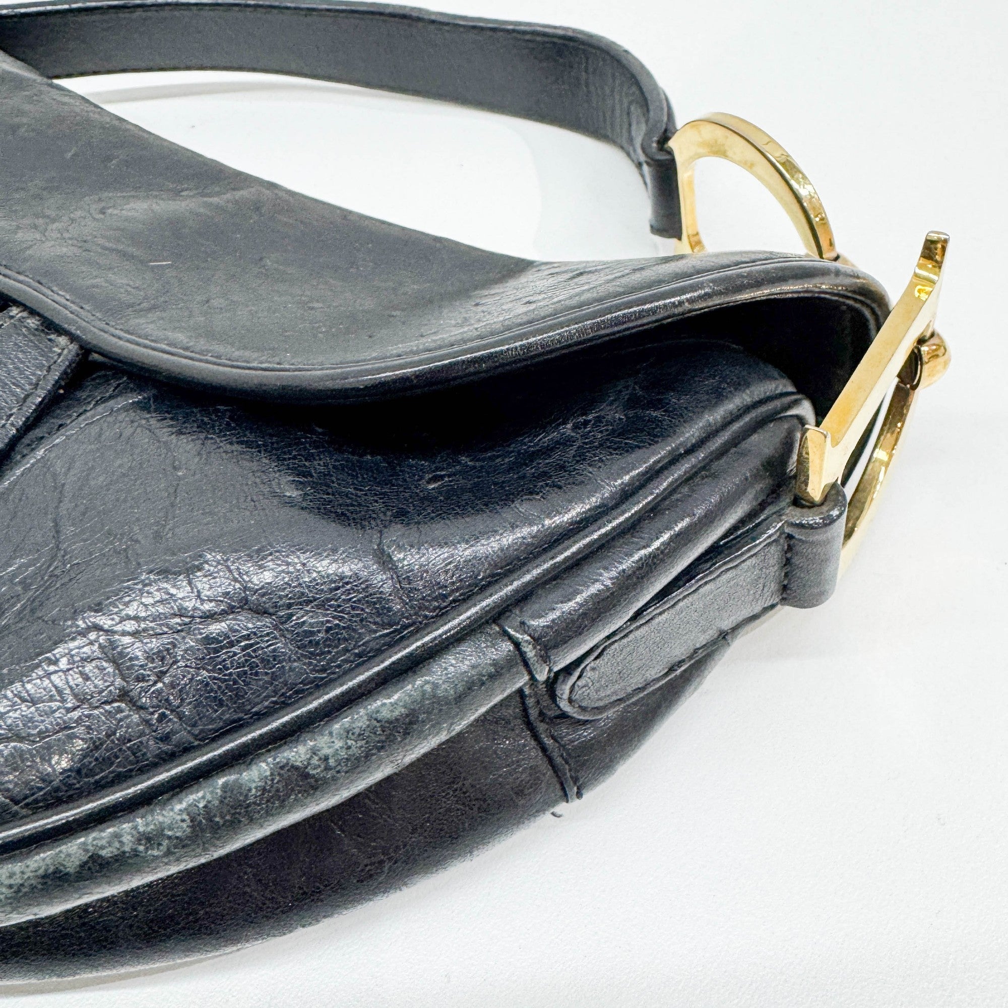Saddle Black Ostrich Embossed Leather Shoulder Bag