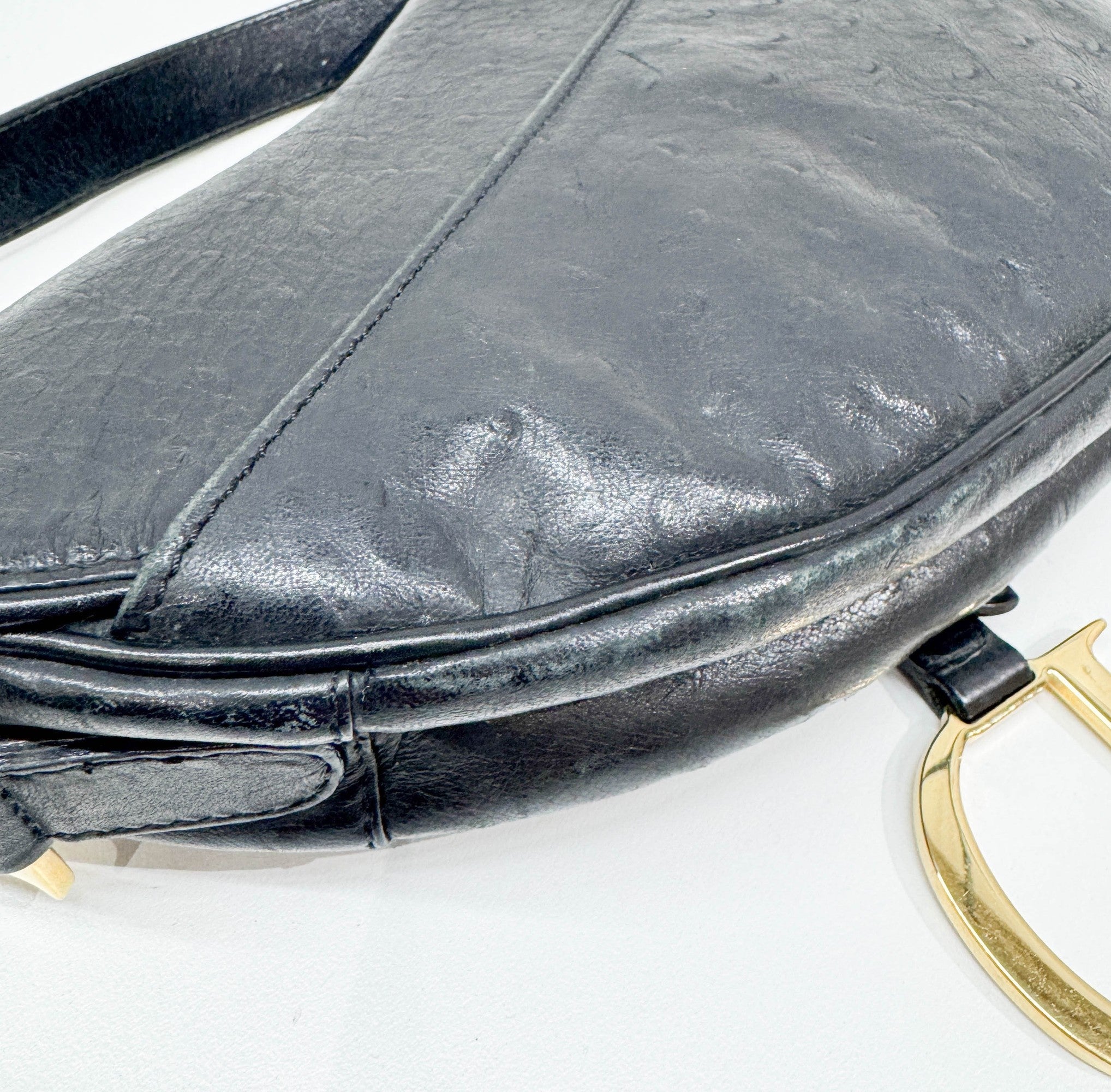 Saddle Black Ostrich Embossed Leather Shoulder Bag