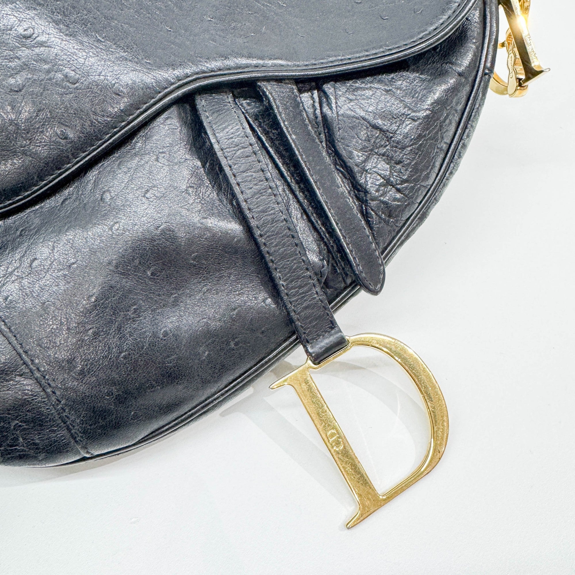 Saddle Black Ostrich Embossed Leather Shoulder Bag