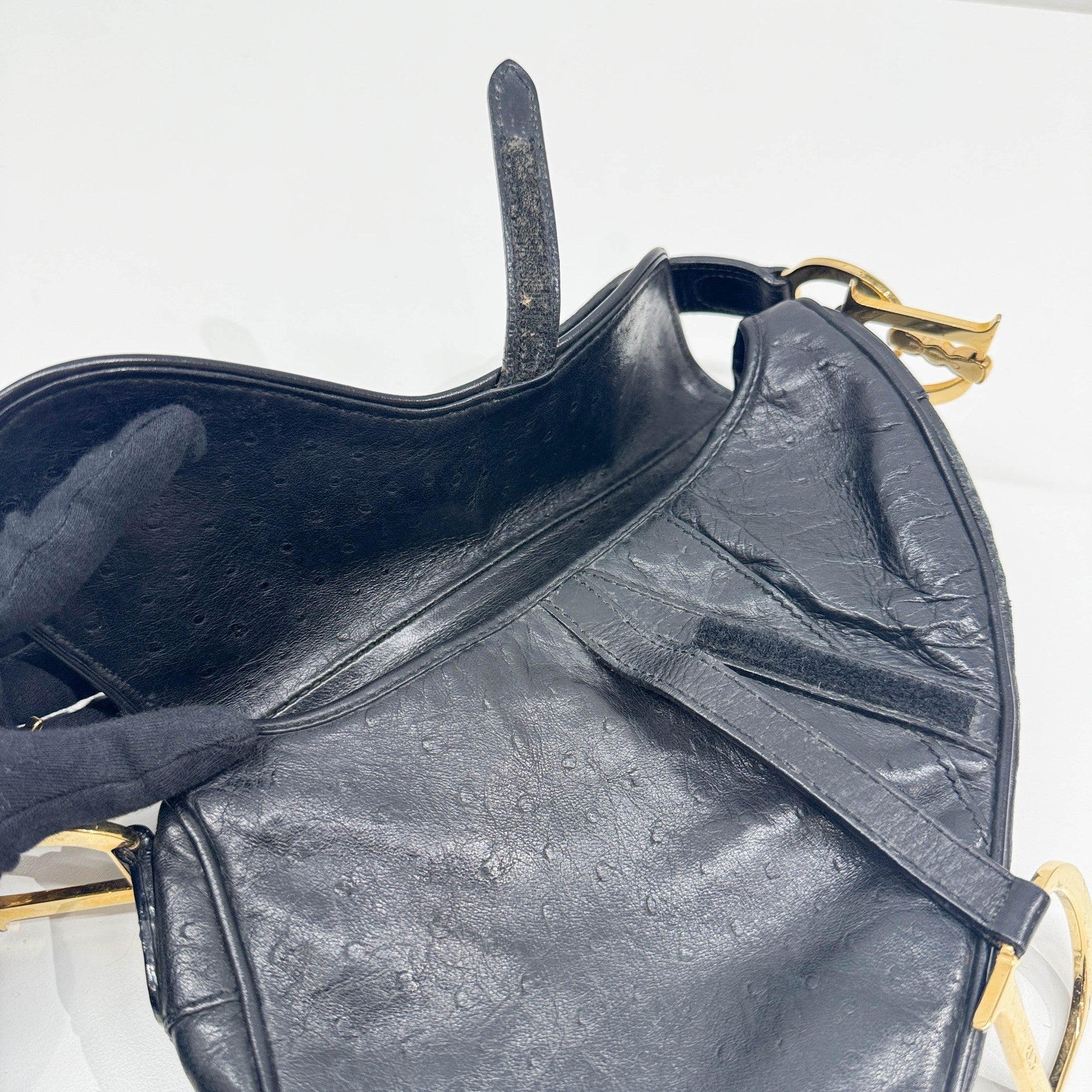 Saddle Black Ostrich Embossed Leather Shoulder Bag