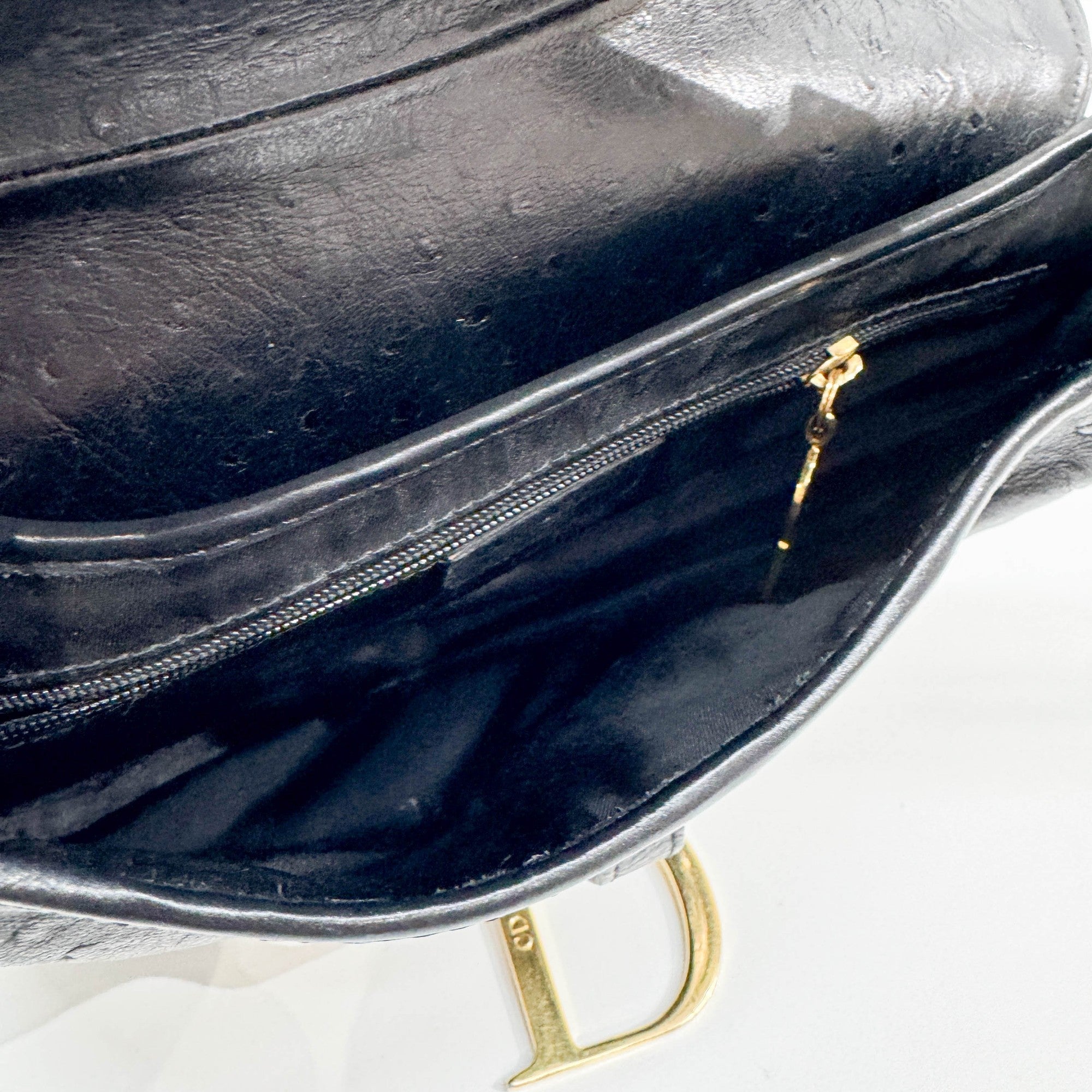 Saddle Black Ostrich Embossed Leather Shoulder Bag
