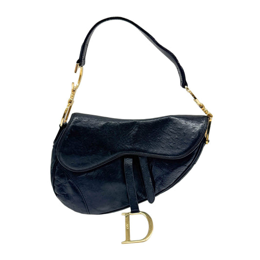 Saddle Black Ostrich Embossed Leather Shoulder Bag