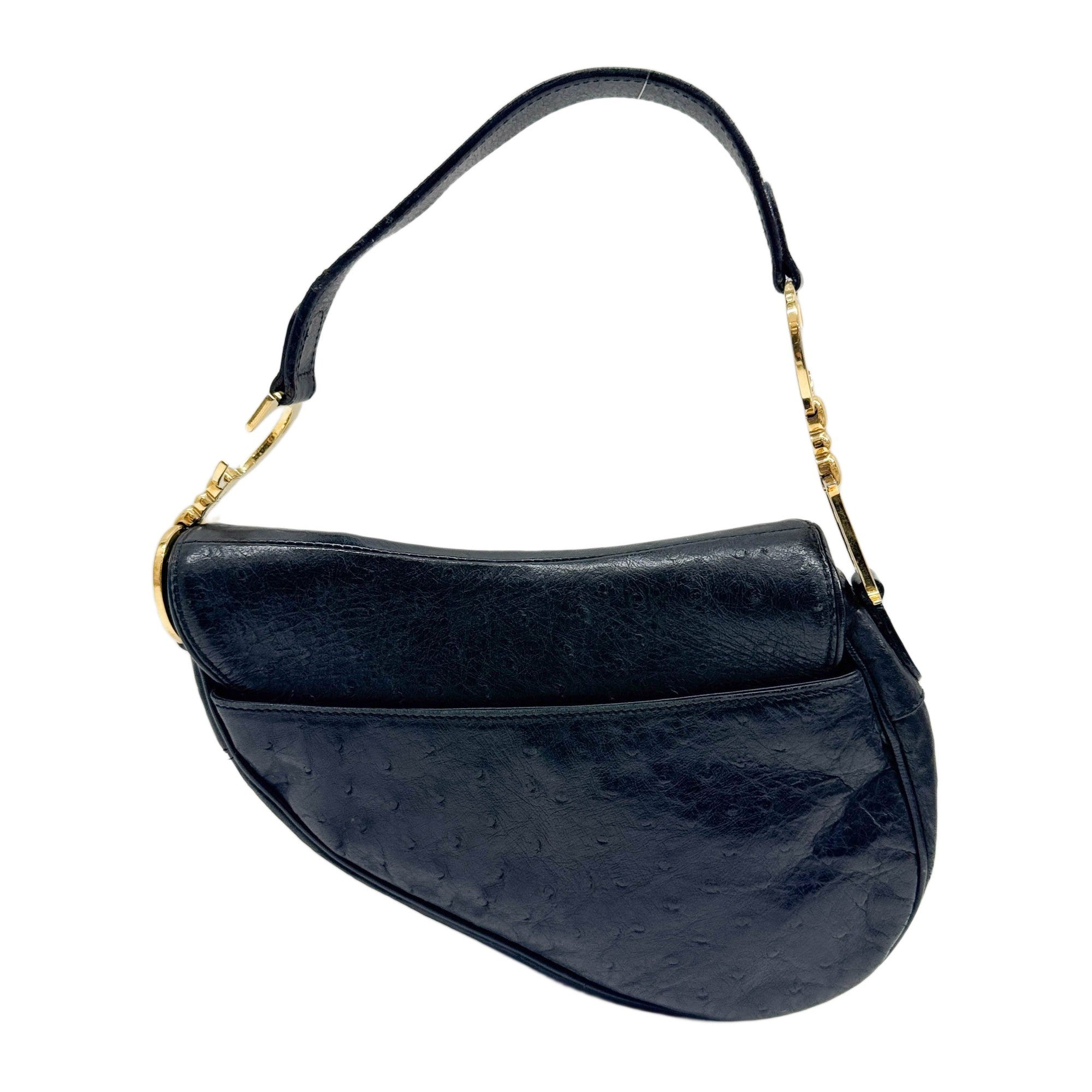 Saddle Black Ostrich Embossed Leather Shoulder Bag
