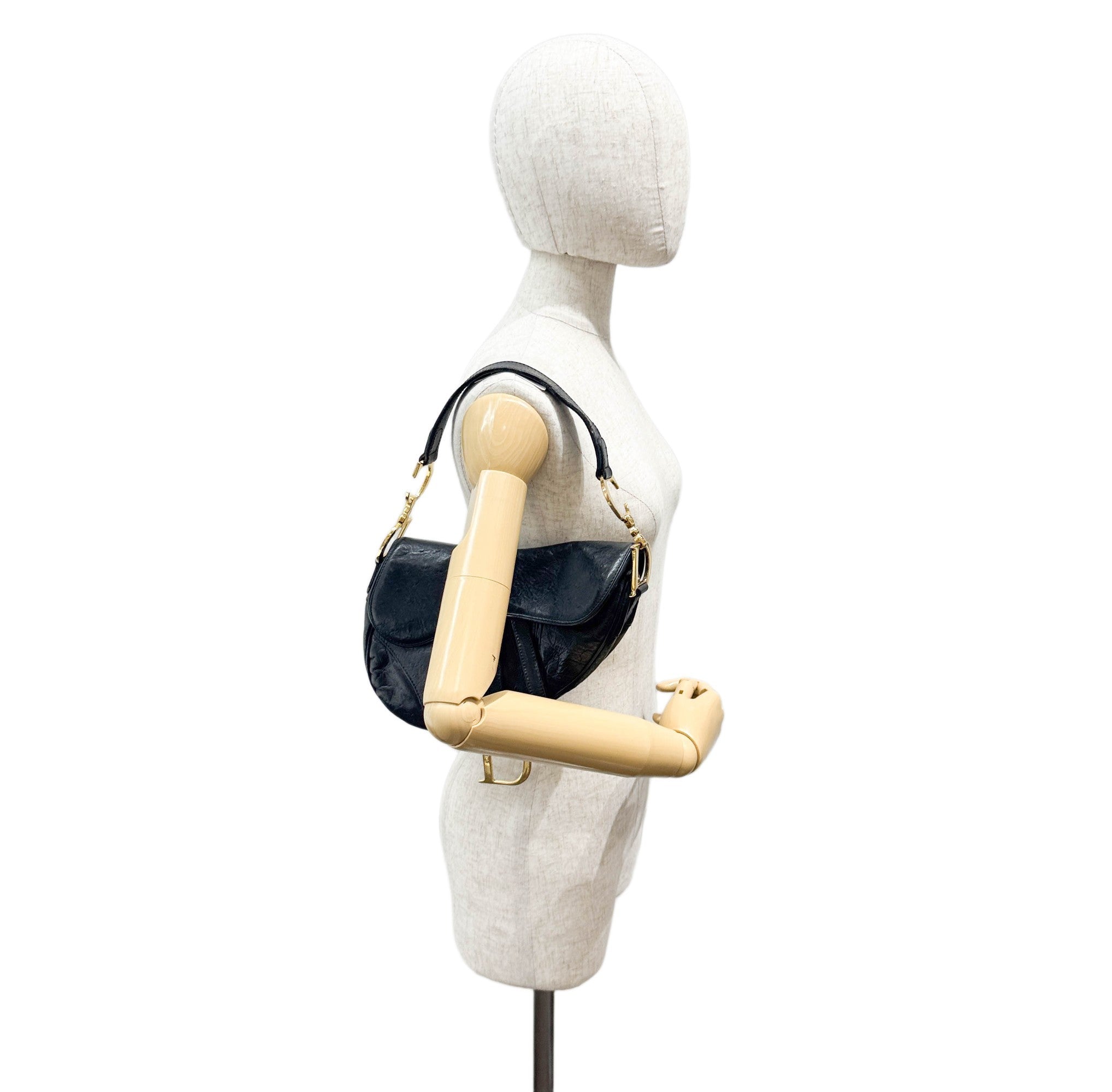 Saddle Black Ostrich Embossed Leather Shoulder Bag