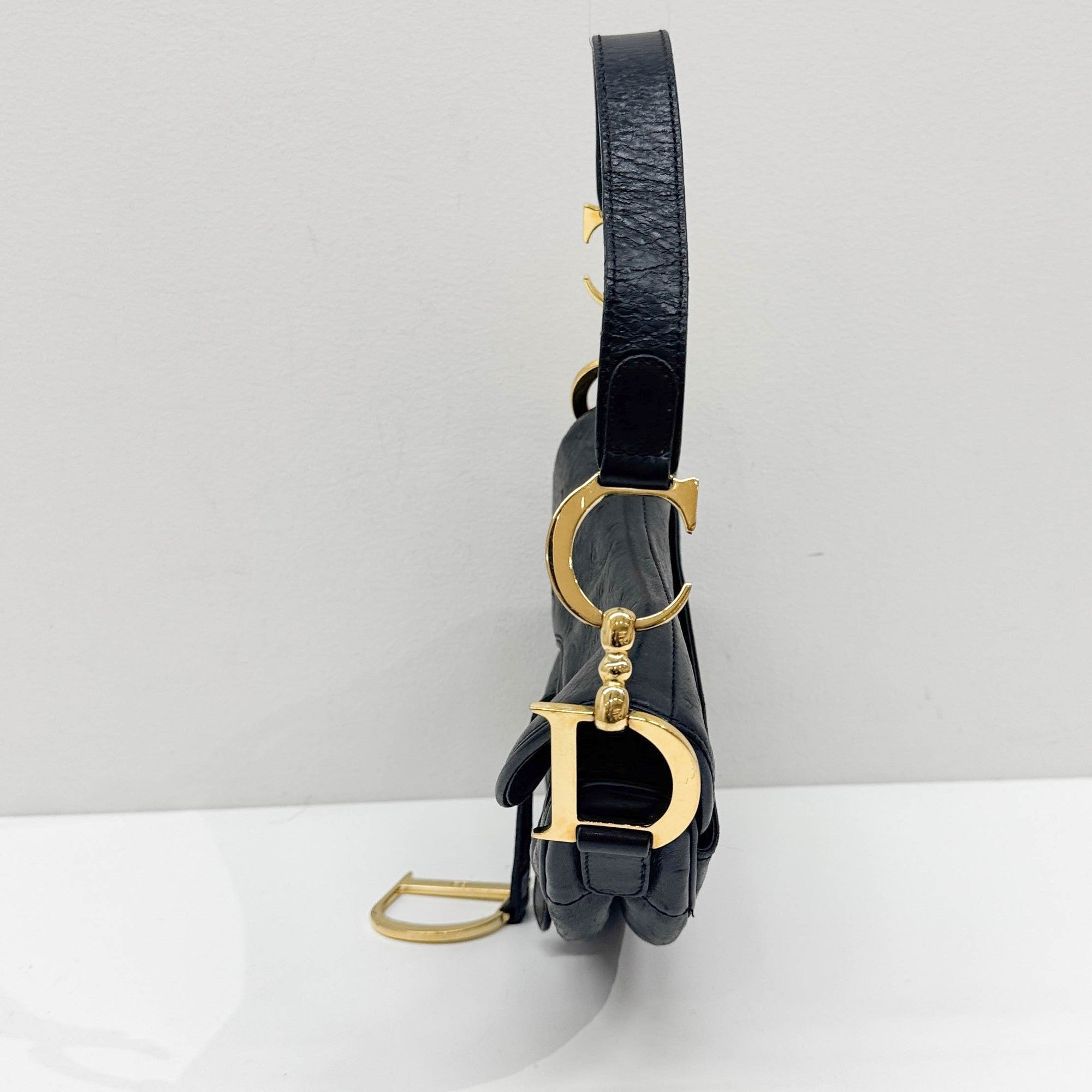 Saddle Black Ostrich Embossed Leather Shoulder Bag