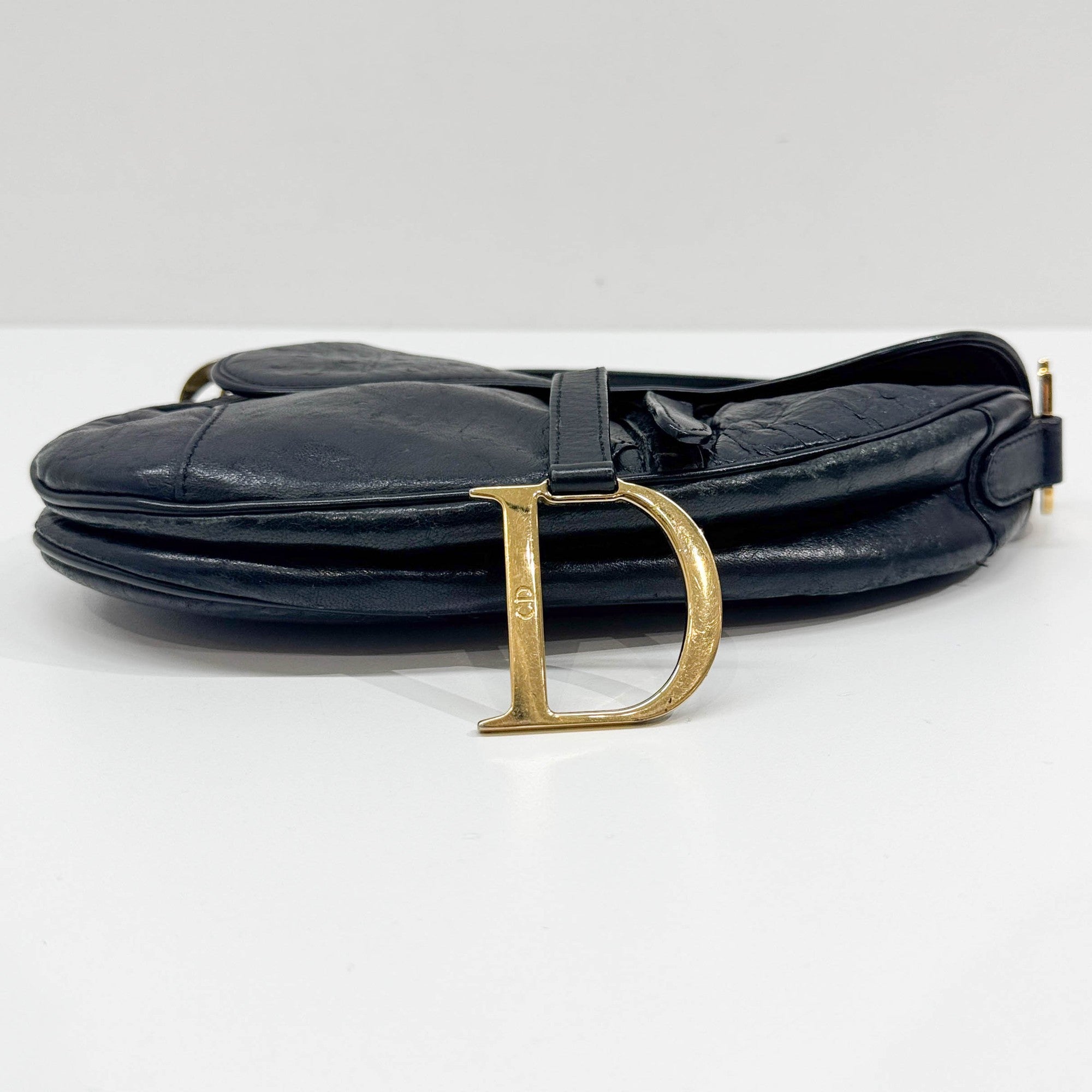 Saddle Black Ostrich Embossed Leather Shoulder Bag