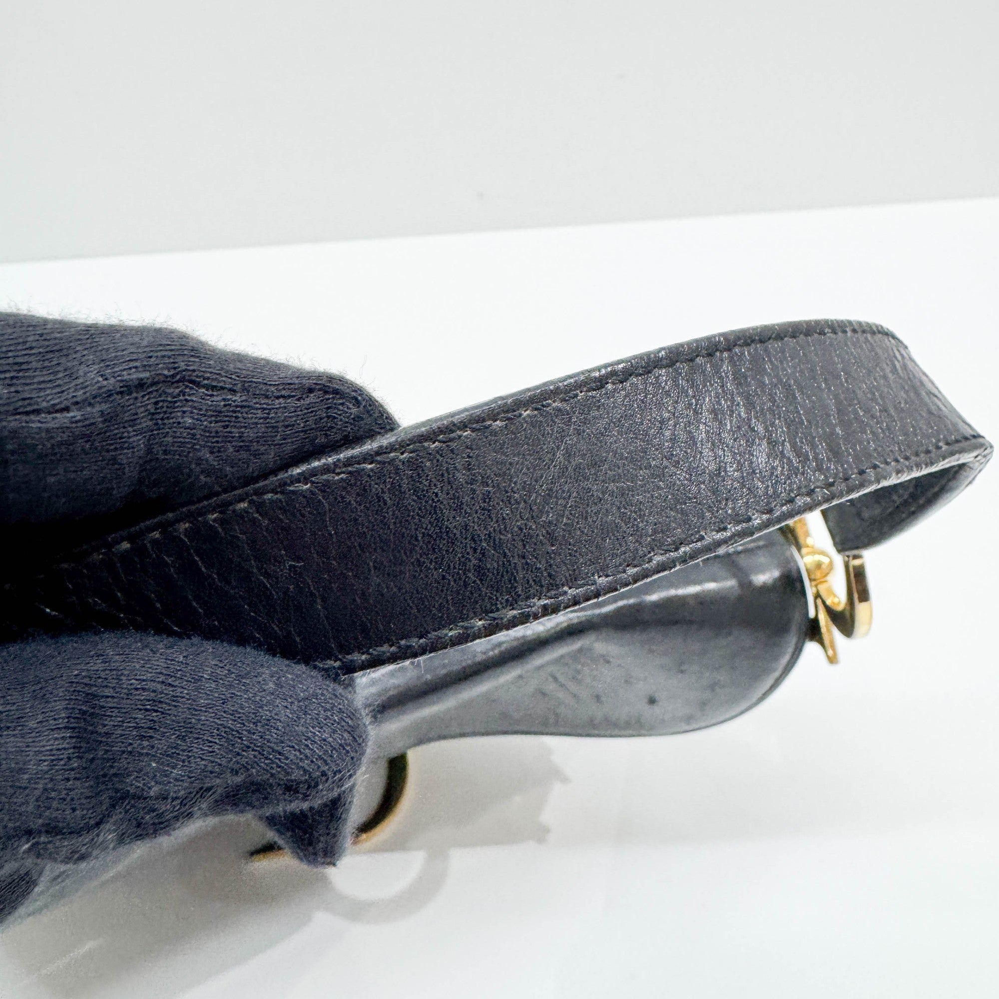 Saddle Black Ostrich Embossed Leather Shoulder Bag