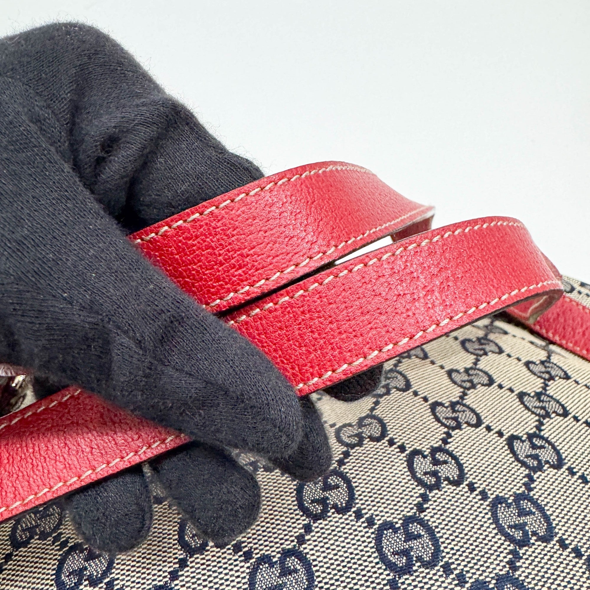 Abbey D-Ring Red Trim Tan GG Canvas Shoulder Bag