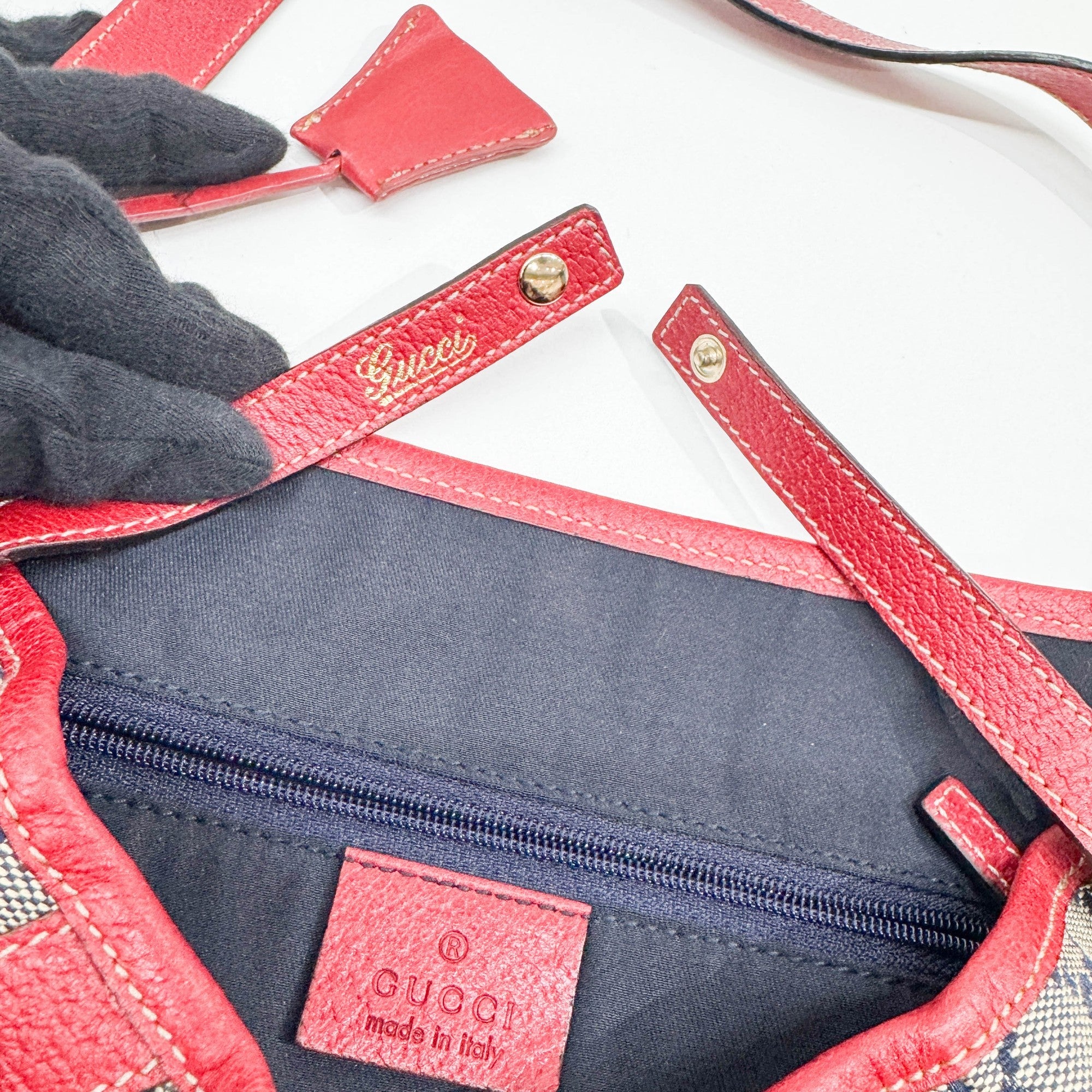 Abbey D-Ring Red Trim Tan GG Canvas Shoulder Bag