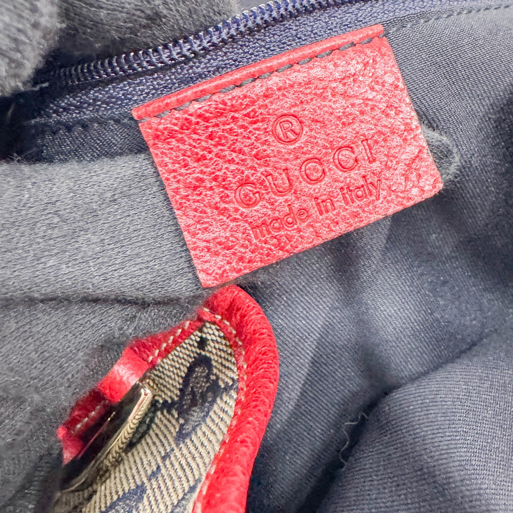 Abbey D-Ring Red Trim Tan GG Canvas Shoulder Bag