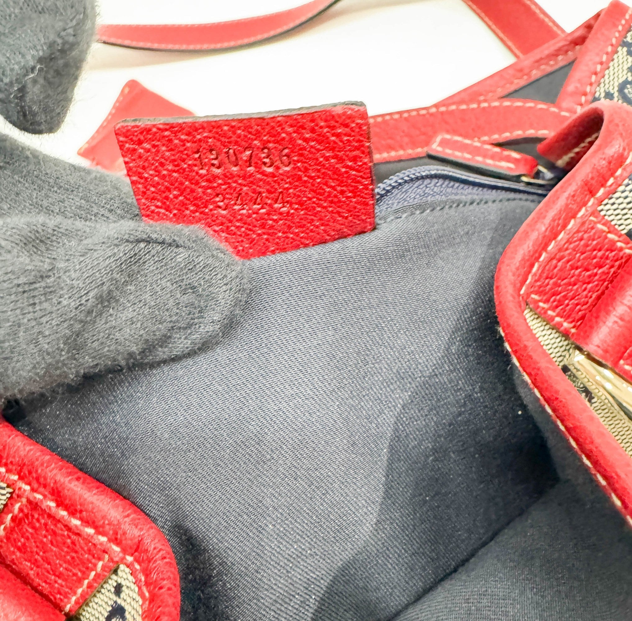 Abbey D-Ring Red Trim Tan GG Canvas Shoulder Bag