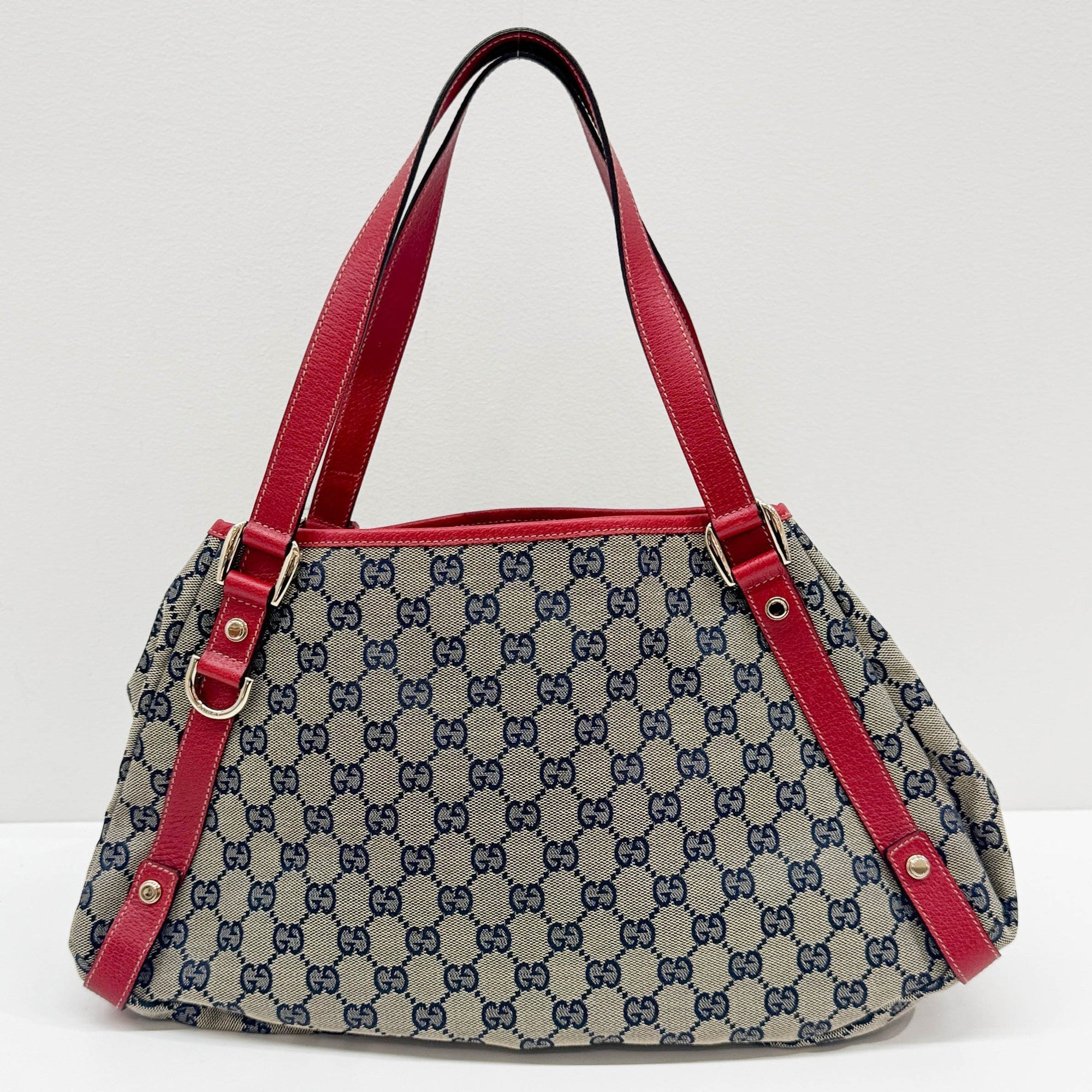 Abbey D-Ring Red Trim Tan GG Canvas Shoulder Bag