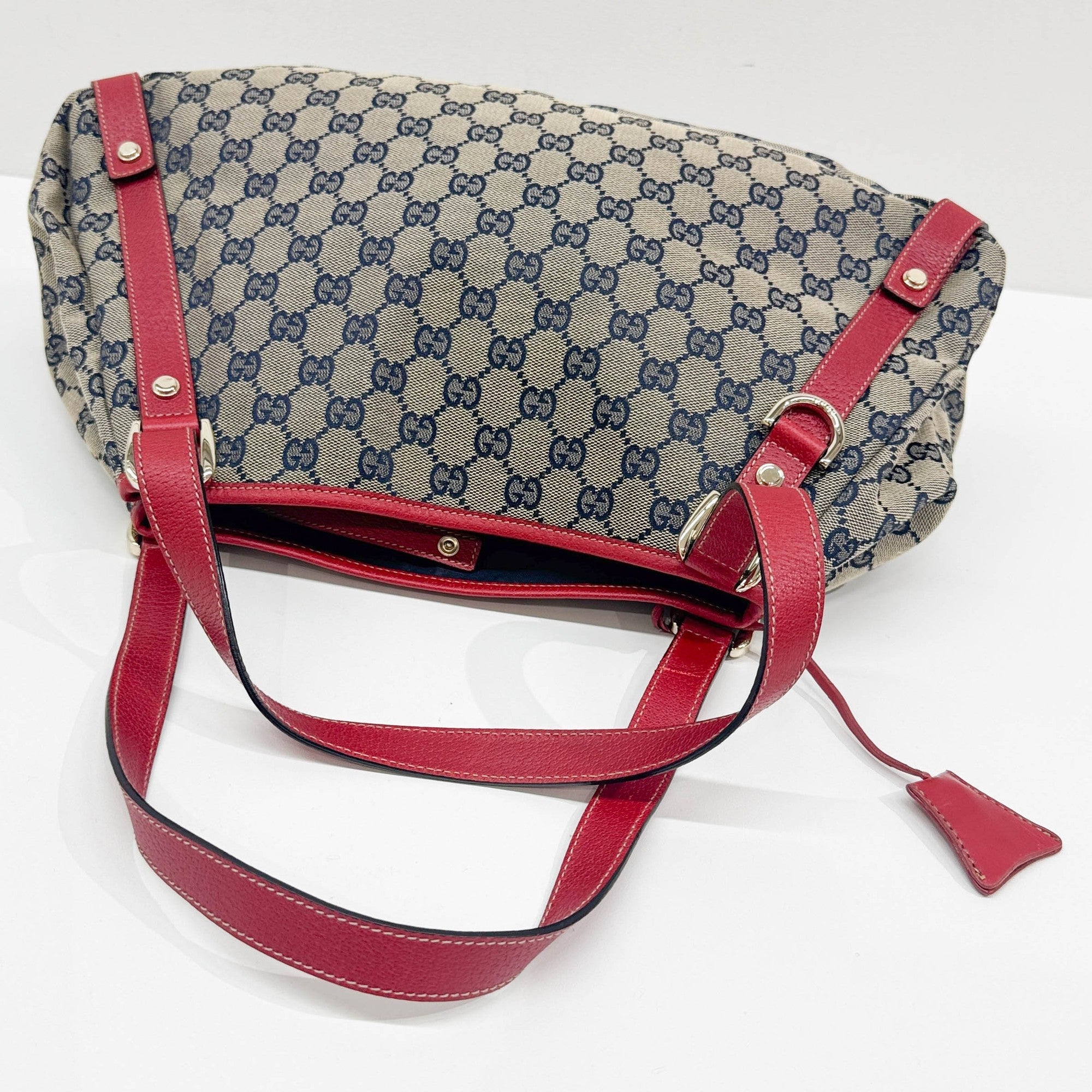 Abbey D-Ring Red Trim Tan GG Canvas Shoulder Bag