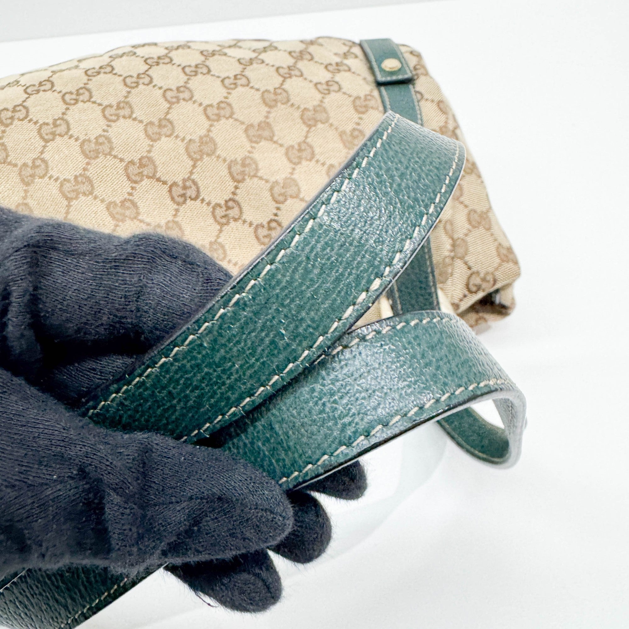 Abbey D-Ring Green Trim Tan GG Canvas Shoulder Bag