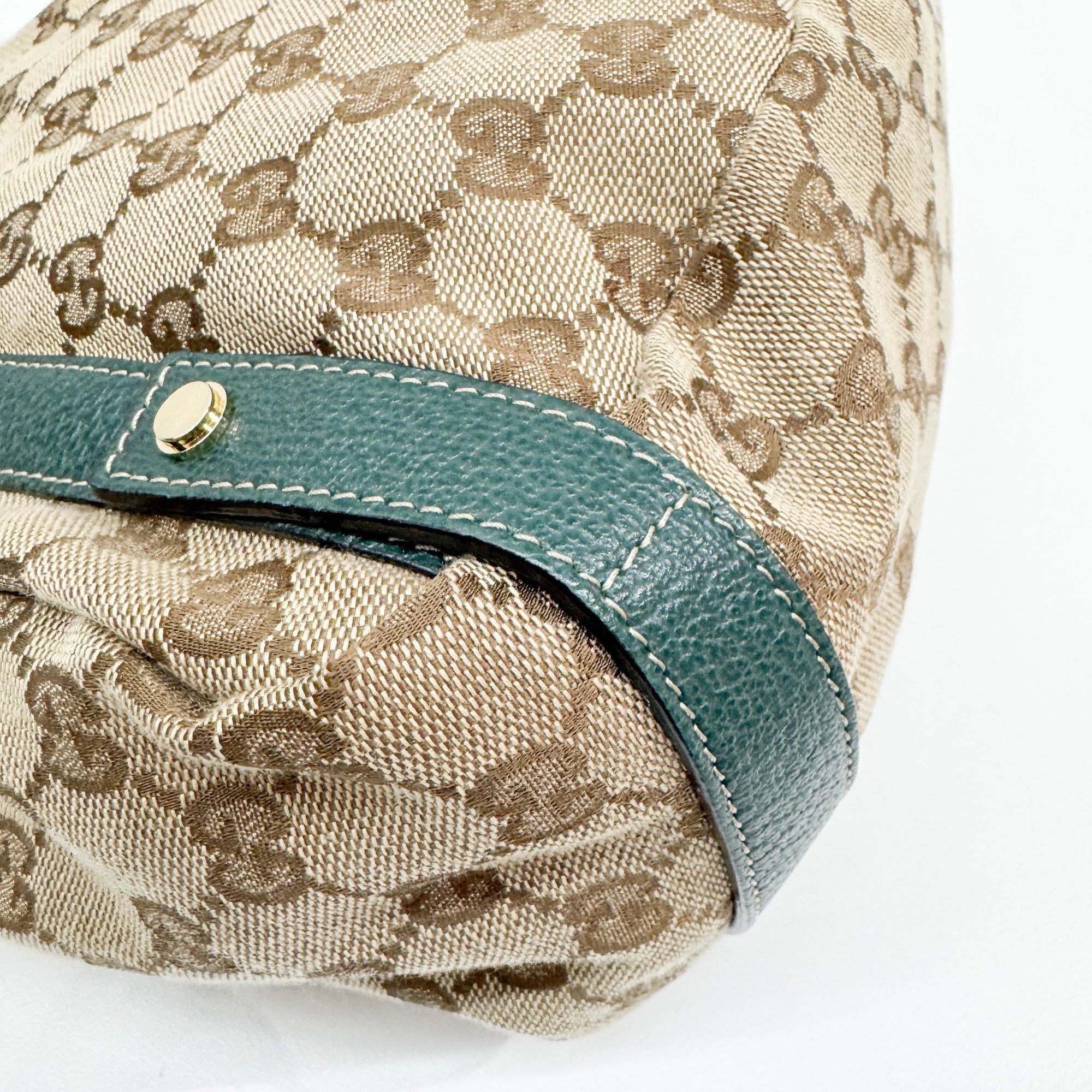 Abbey D-Ring Green Trim Tan GG Canvas Shoulder Bag