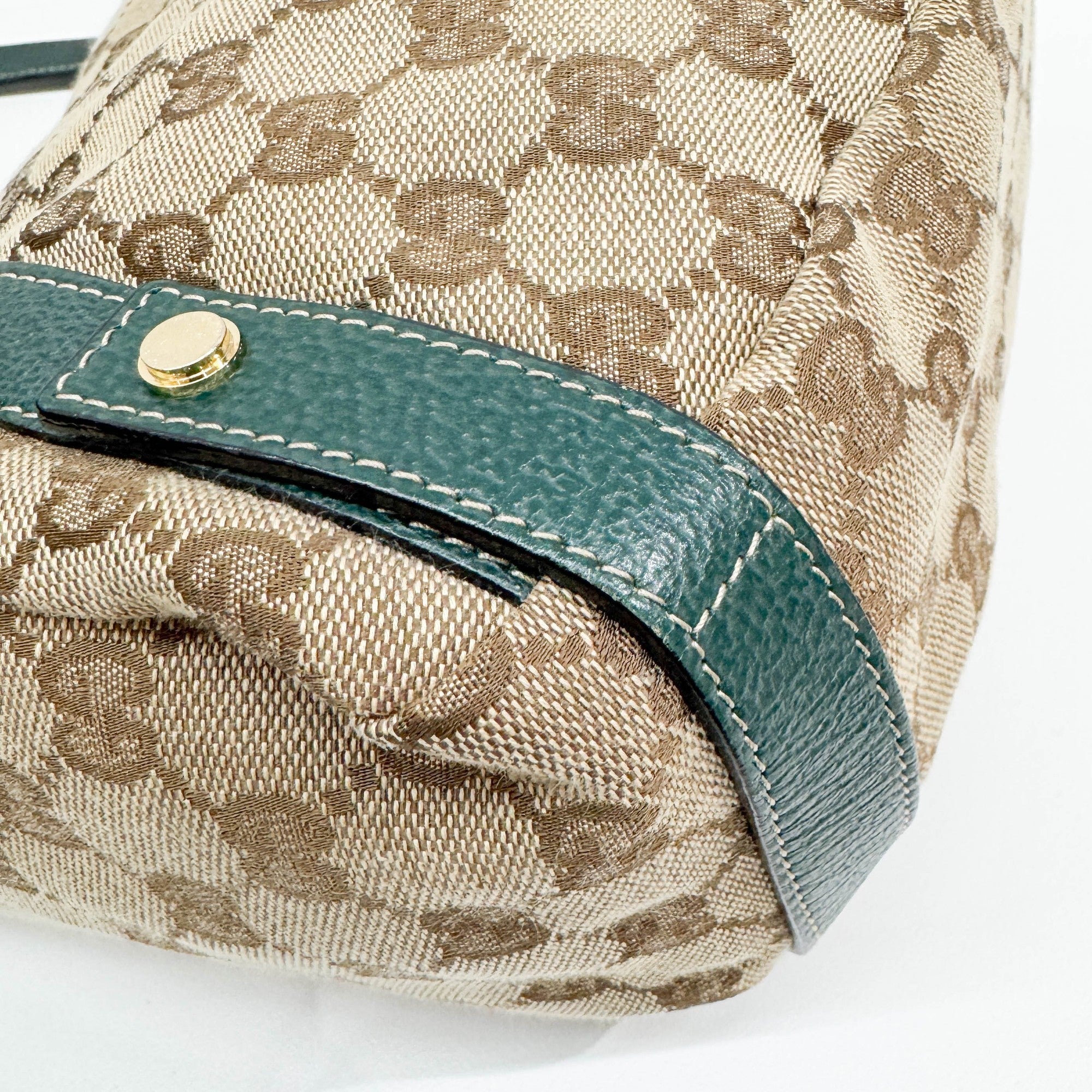 Abbey D-Ring Green Trim Tan GG Canvas Shoulder Bag