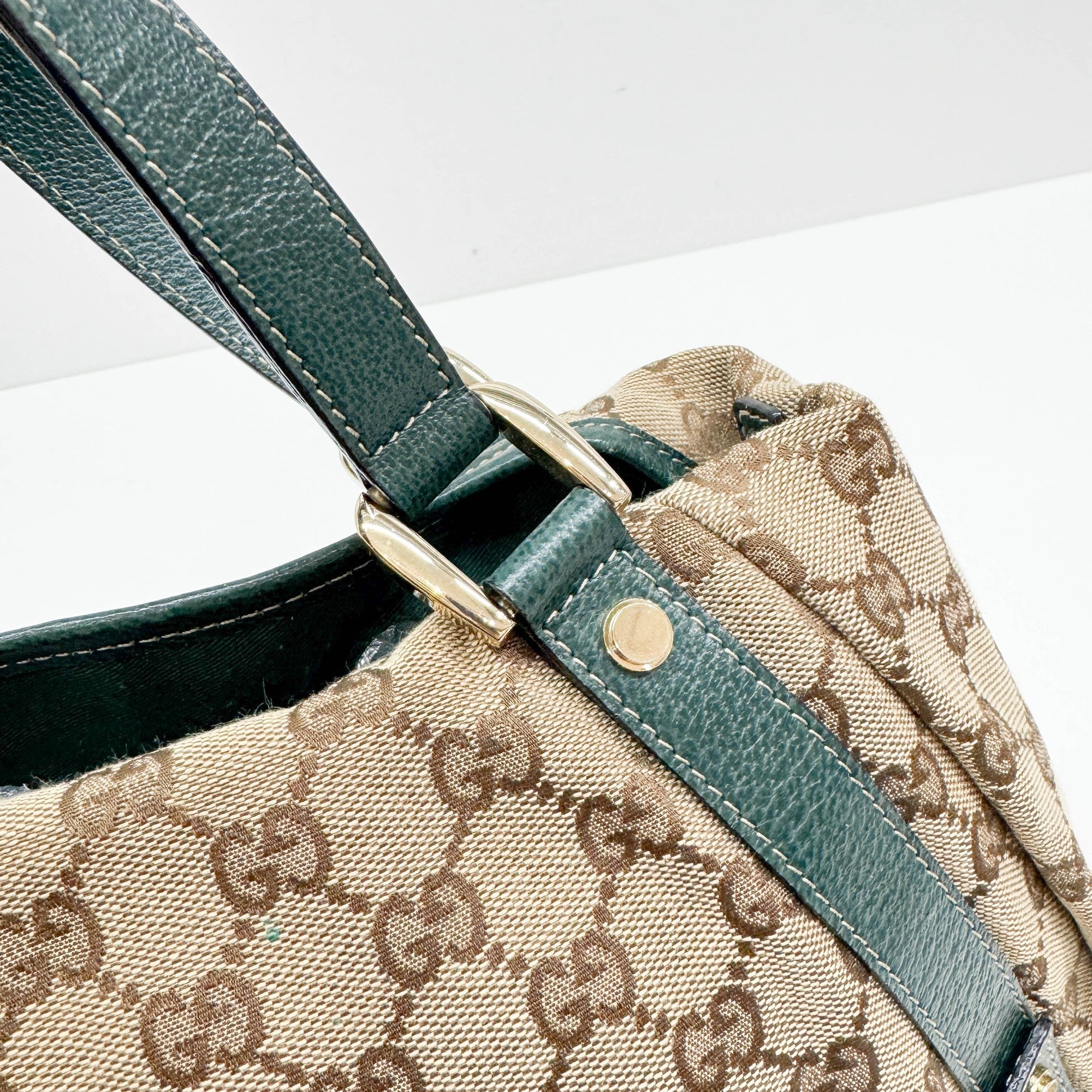 Abbey D-Ring Green Trim Tan GG Canvas Shoulder Bag