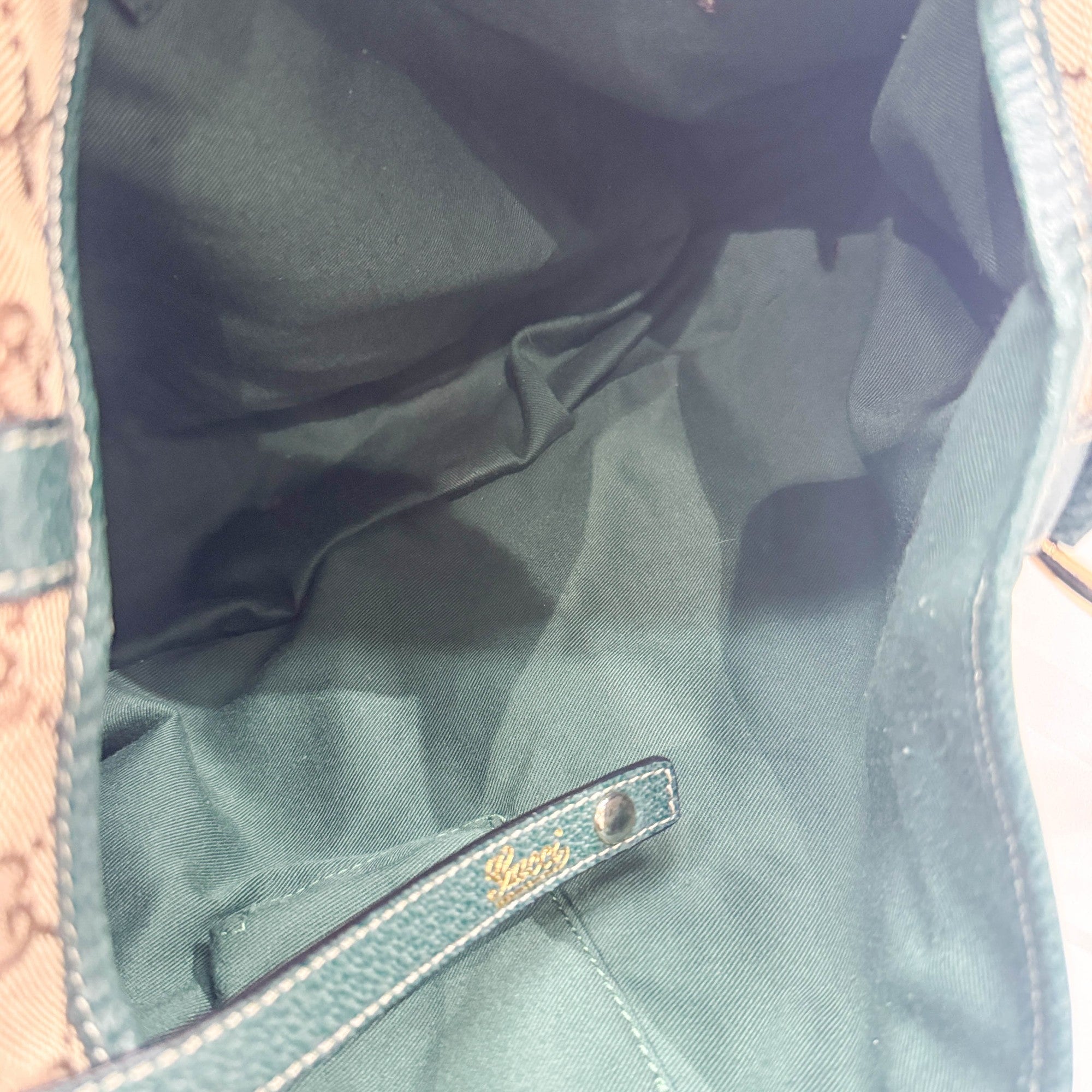 Abbey D-Ring Green Trim Tan GG Canvas Shoulder Bag