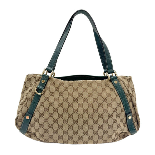 Abbey D-Ring Green Trim Tan GG Canvas Shoulder Bag