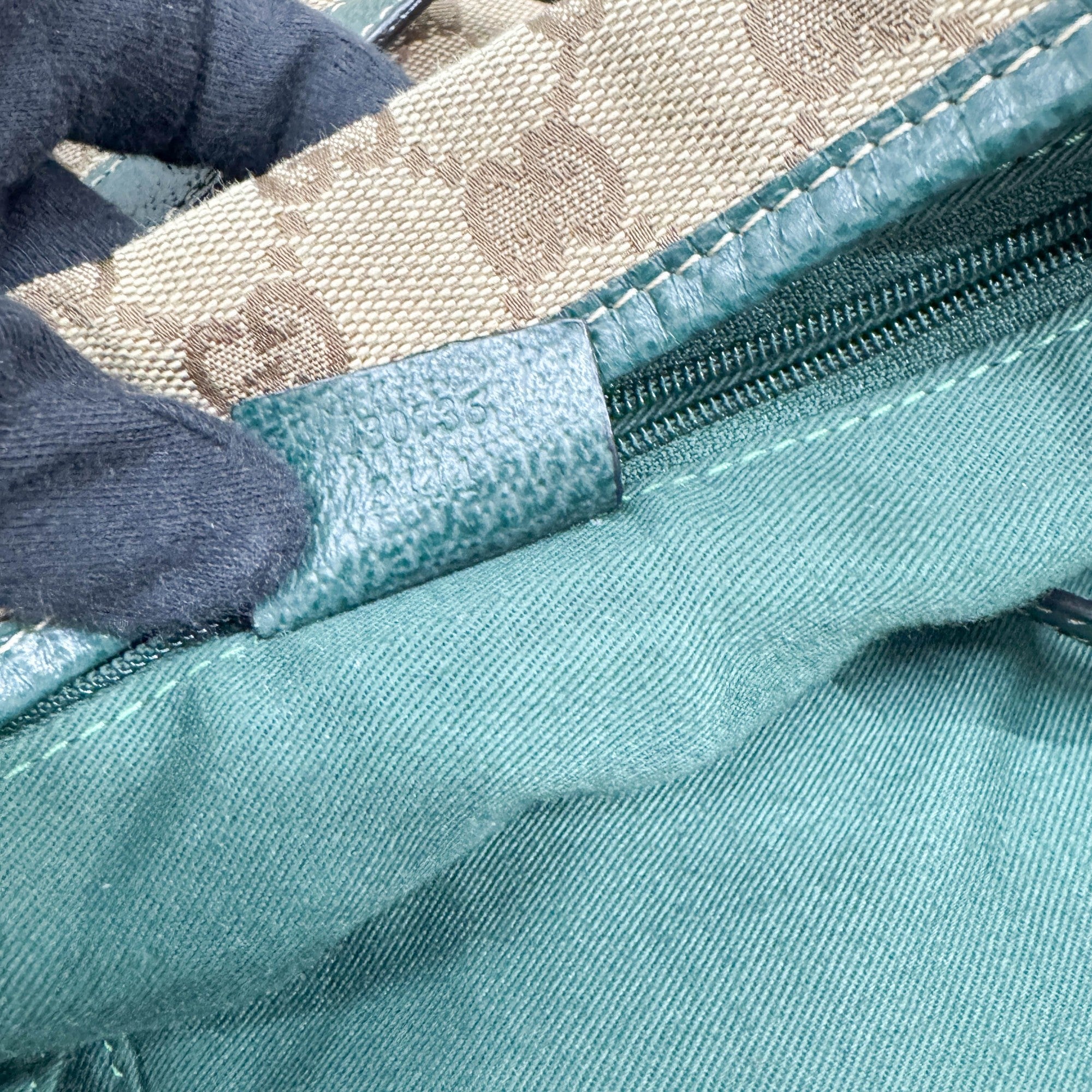 Abbey D-Ring Green Trim Tan GG Canvas Shoulder Bag