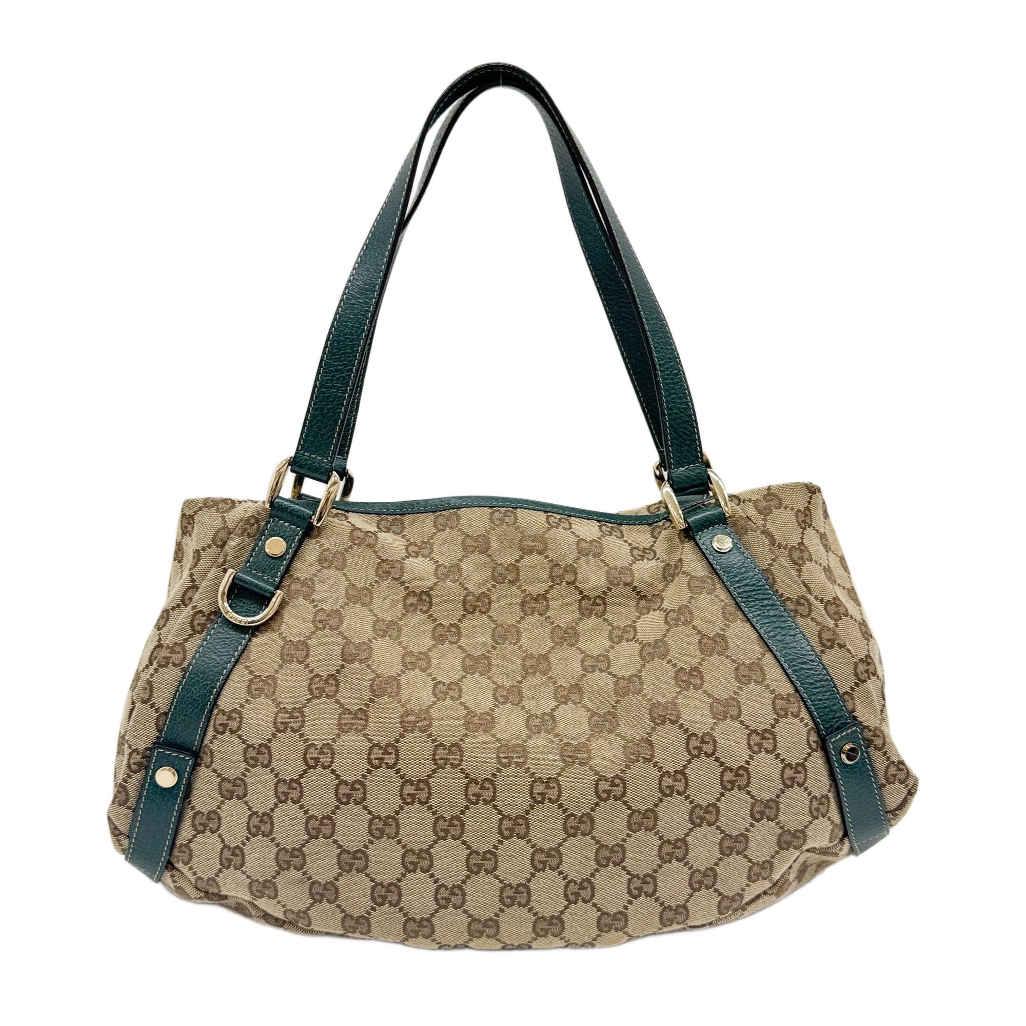 Abbey D-Ring Green Trim Tan GG Canvas Shoulder Bag