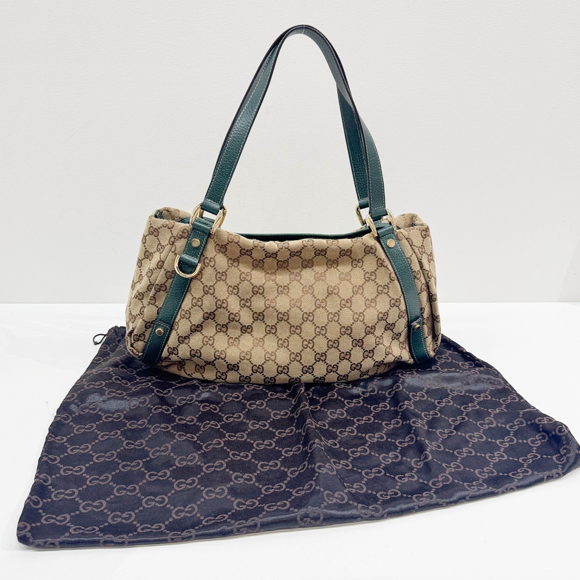 Abbey D-Ring Green Trim Tan GG Canvas Shoulder Bag