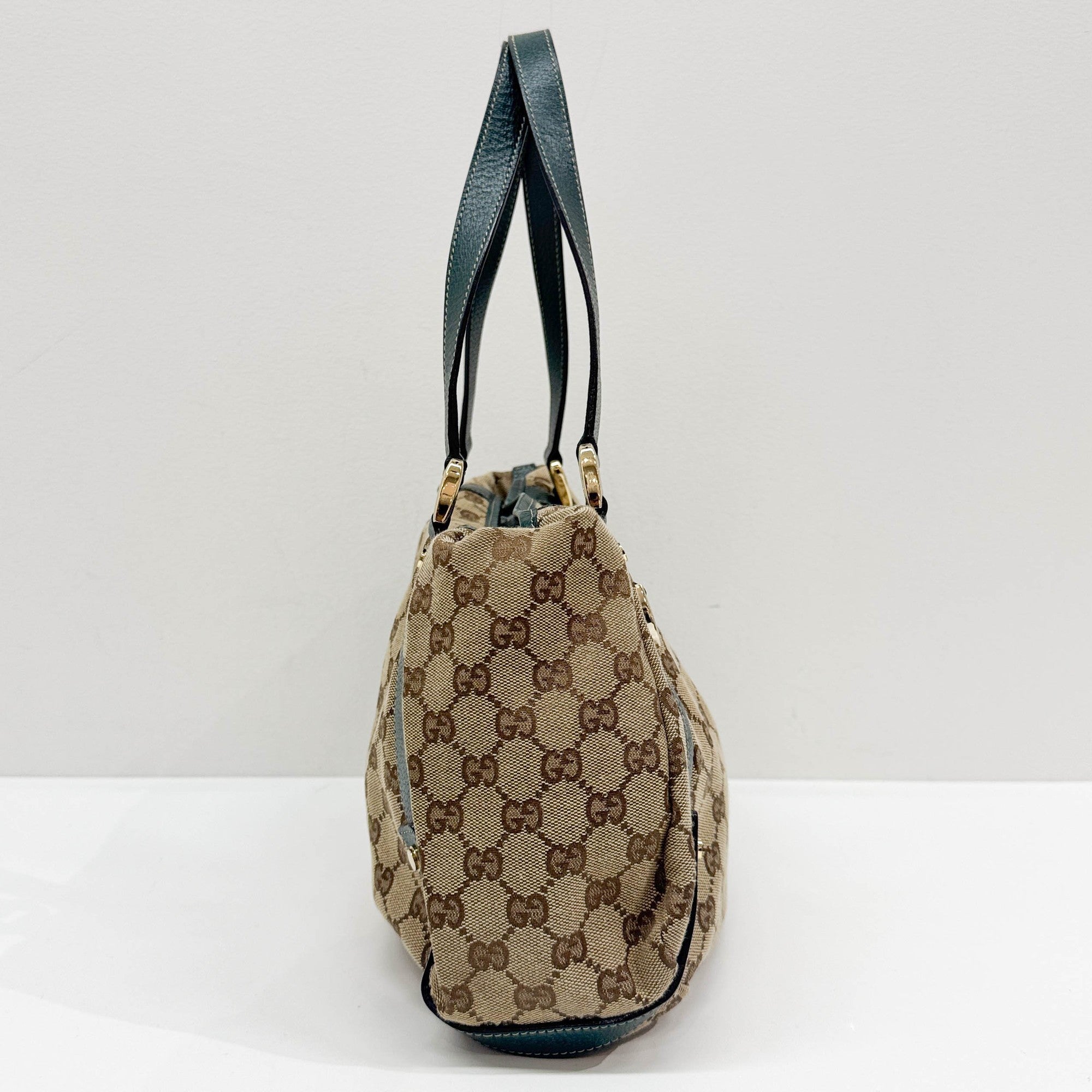 Abbey D-Ring Green Trim Tan GG Canvas Shoulder Bag