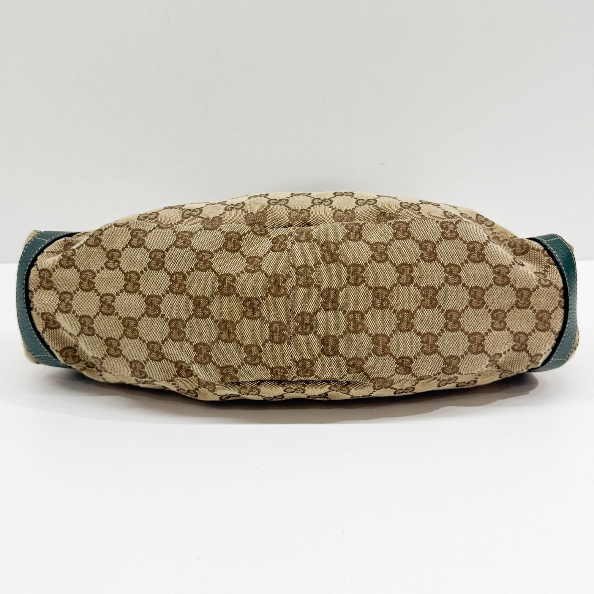 Abbey D-Ring Green Trim Tan GG Canvas Shoulder Bag