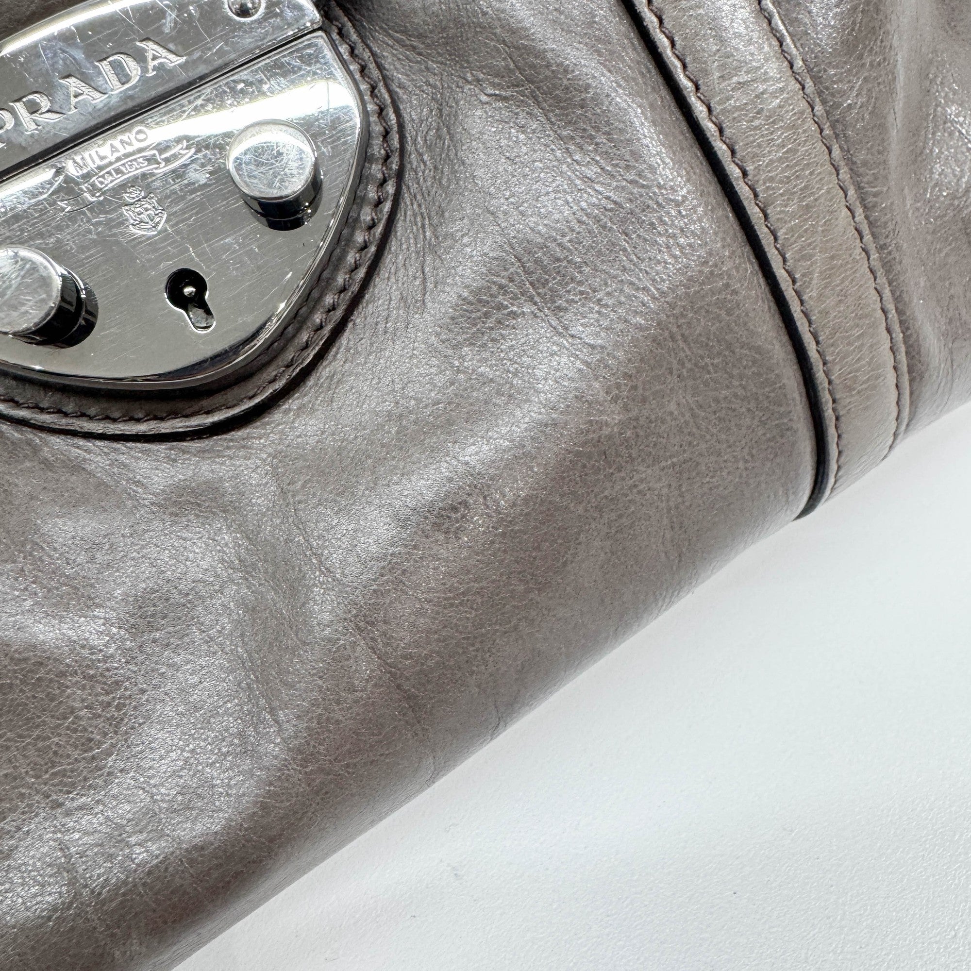 Sound Lock Gray Leather Shoulder Bag