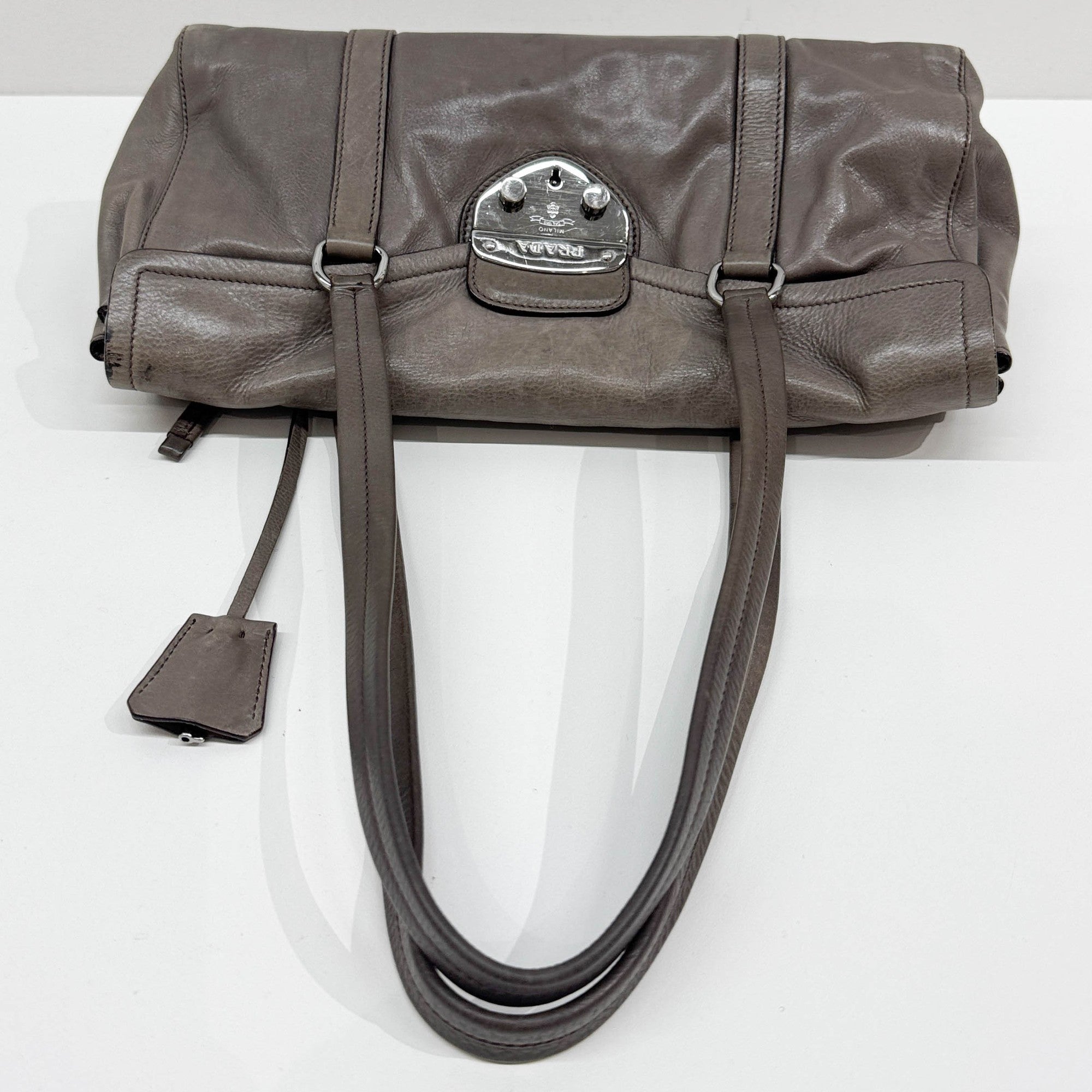 Sound Lock Gray Leather Shoulder Bag