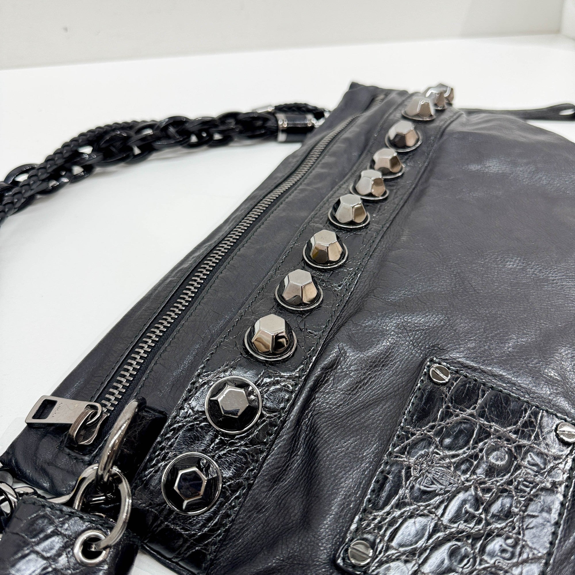 Studded Black Leather Shoulder Bag