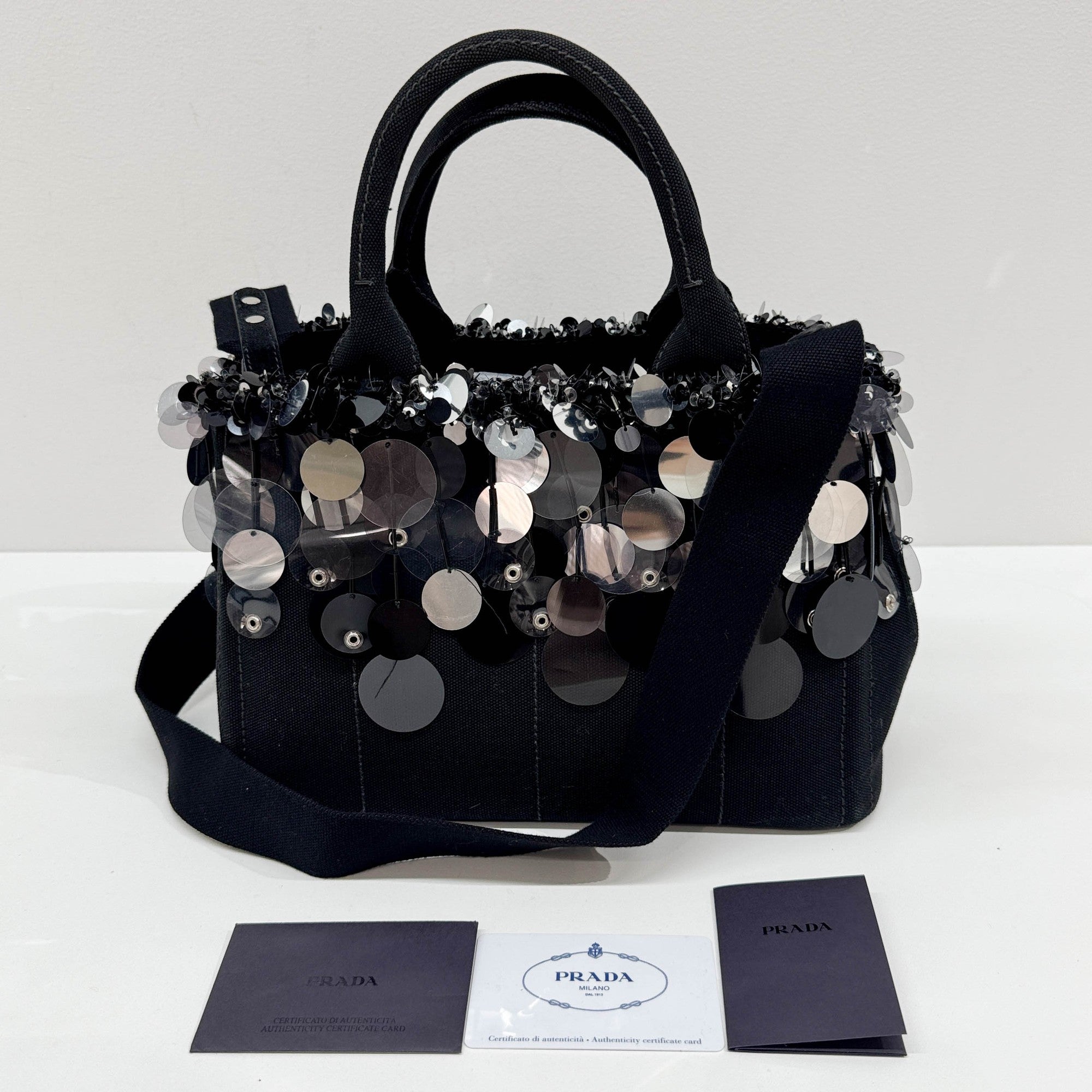 Sequin Fringe Black Canvas Two Way Bag