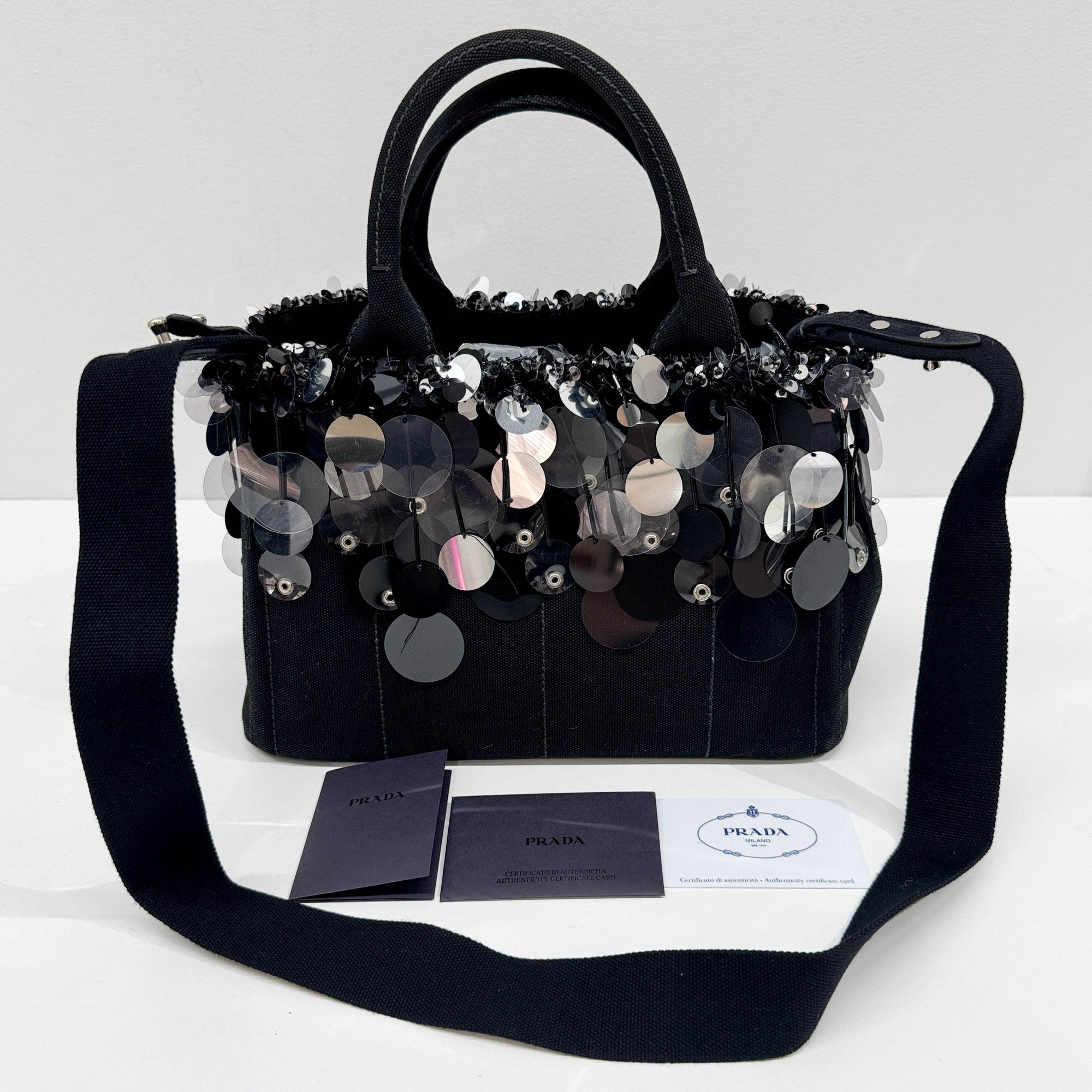 Sequin Fringe Black Canvas Two Way Bag