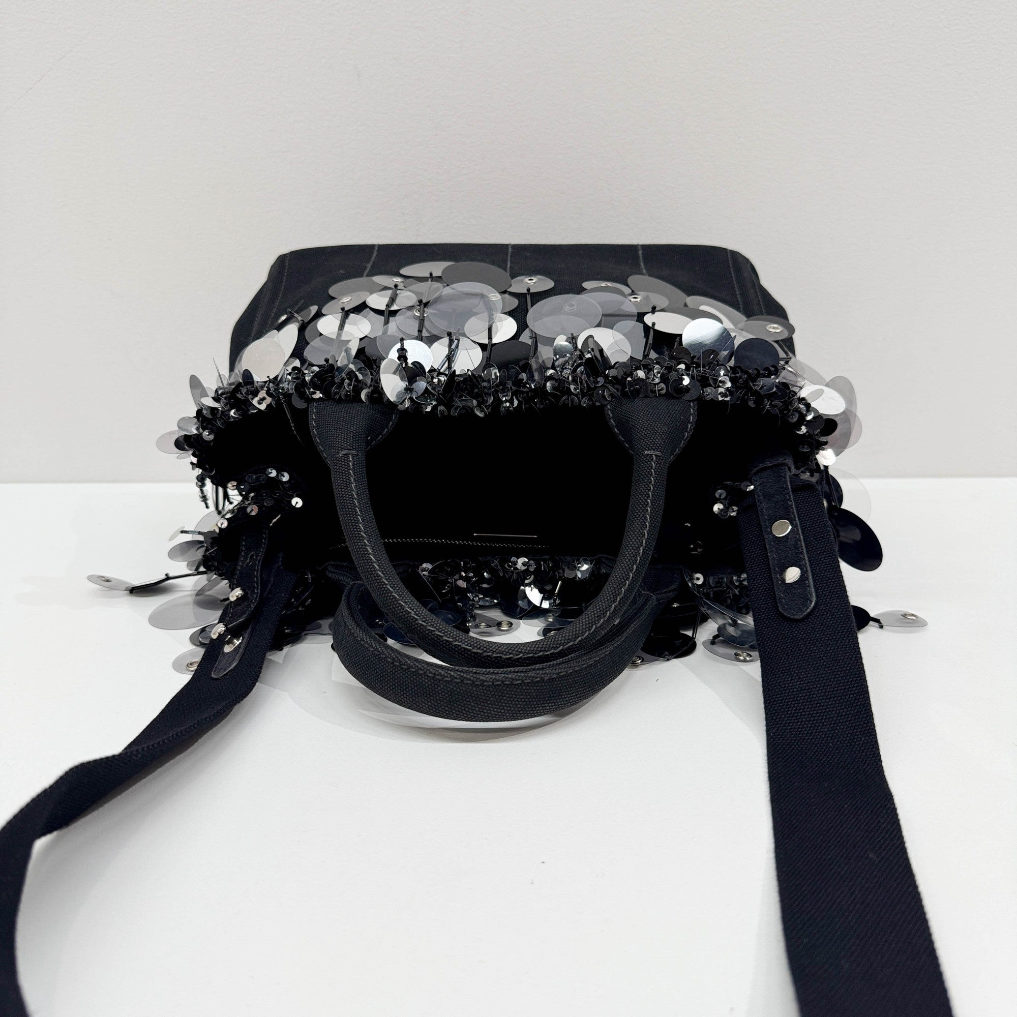 Sequin Fringe Black Canvas Two Way Bag