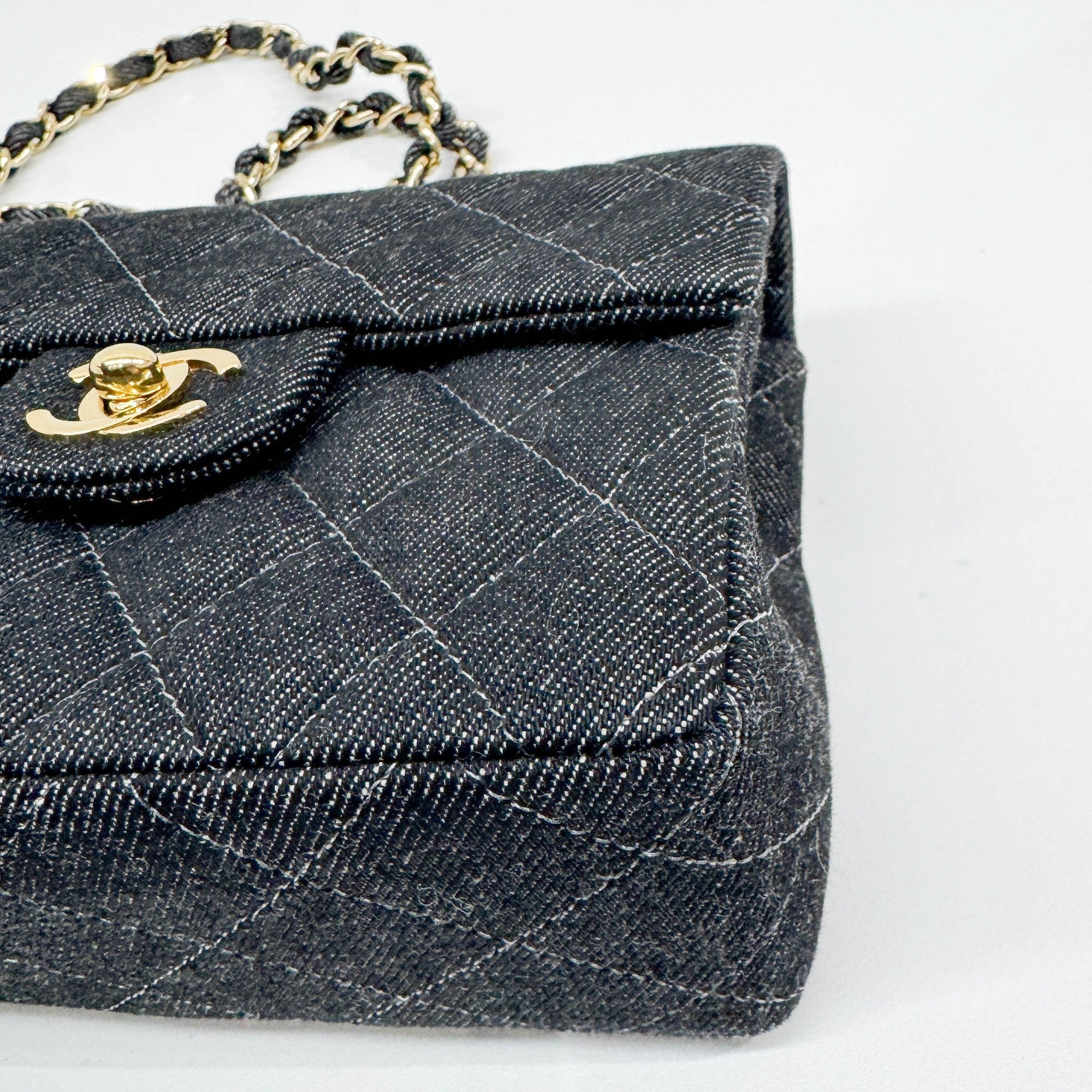 Mini Classic Flap Square Black Denim Shoulder Bag