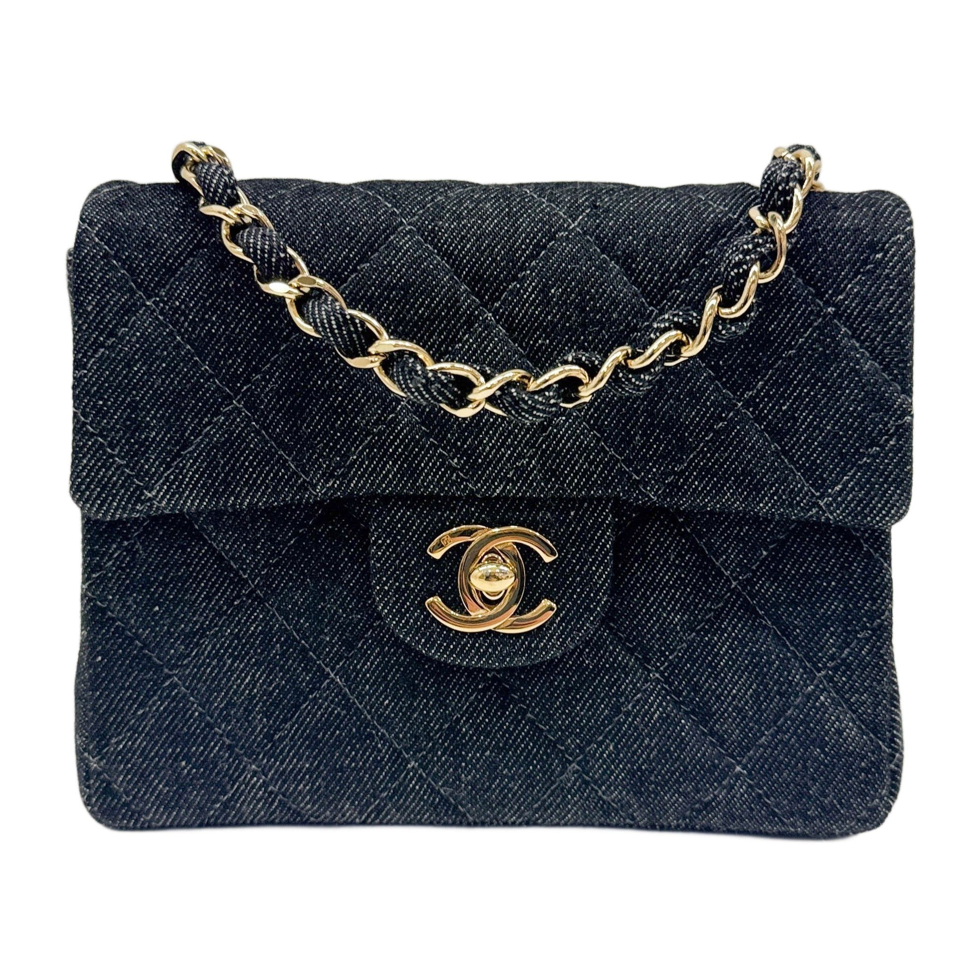 Mini Classic Flap Square Black Denim Shoulder Bag