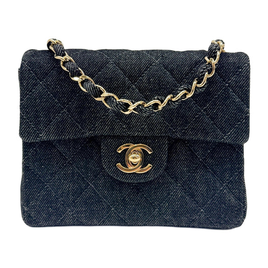 Mini Classic Flap Square Black Denim Shoulder Bag