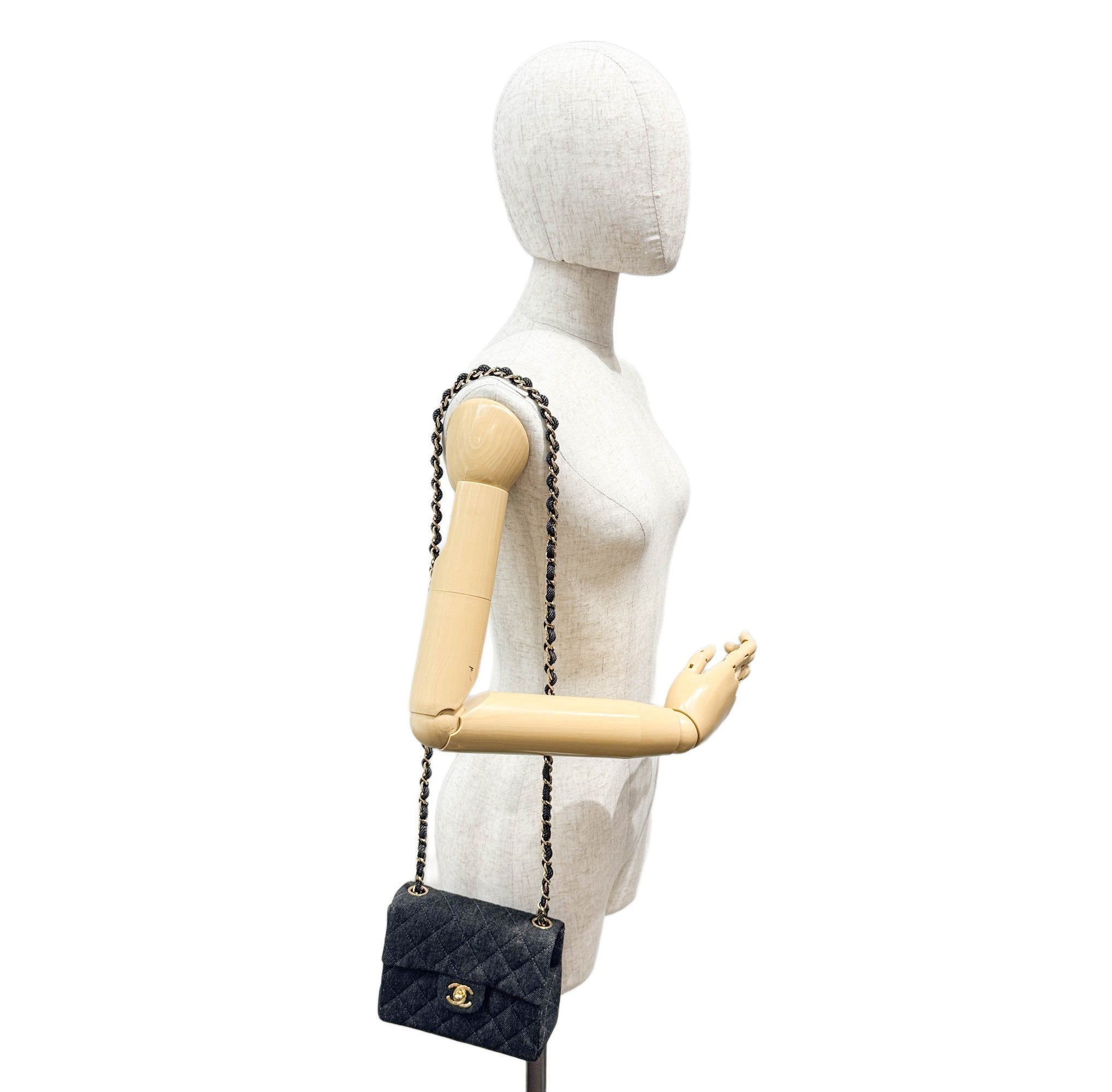 Mini Classic Flap Square Black Denim Shoulder Bag