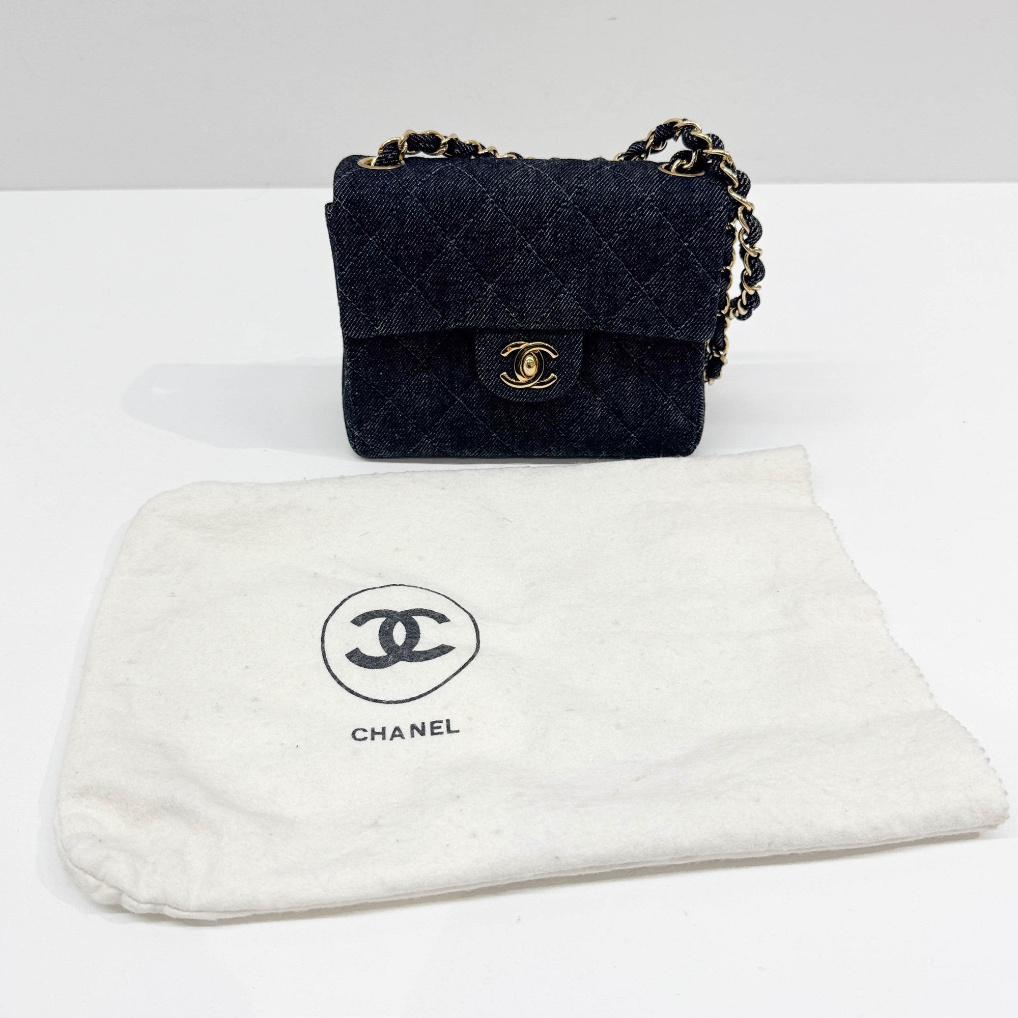 Mini Classic Flap Square Black Denim Shoulder Bag