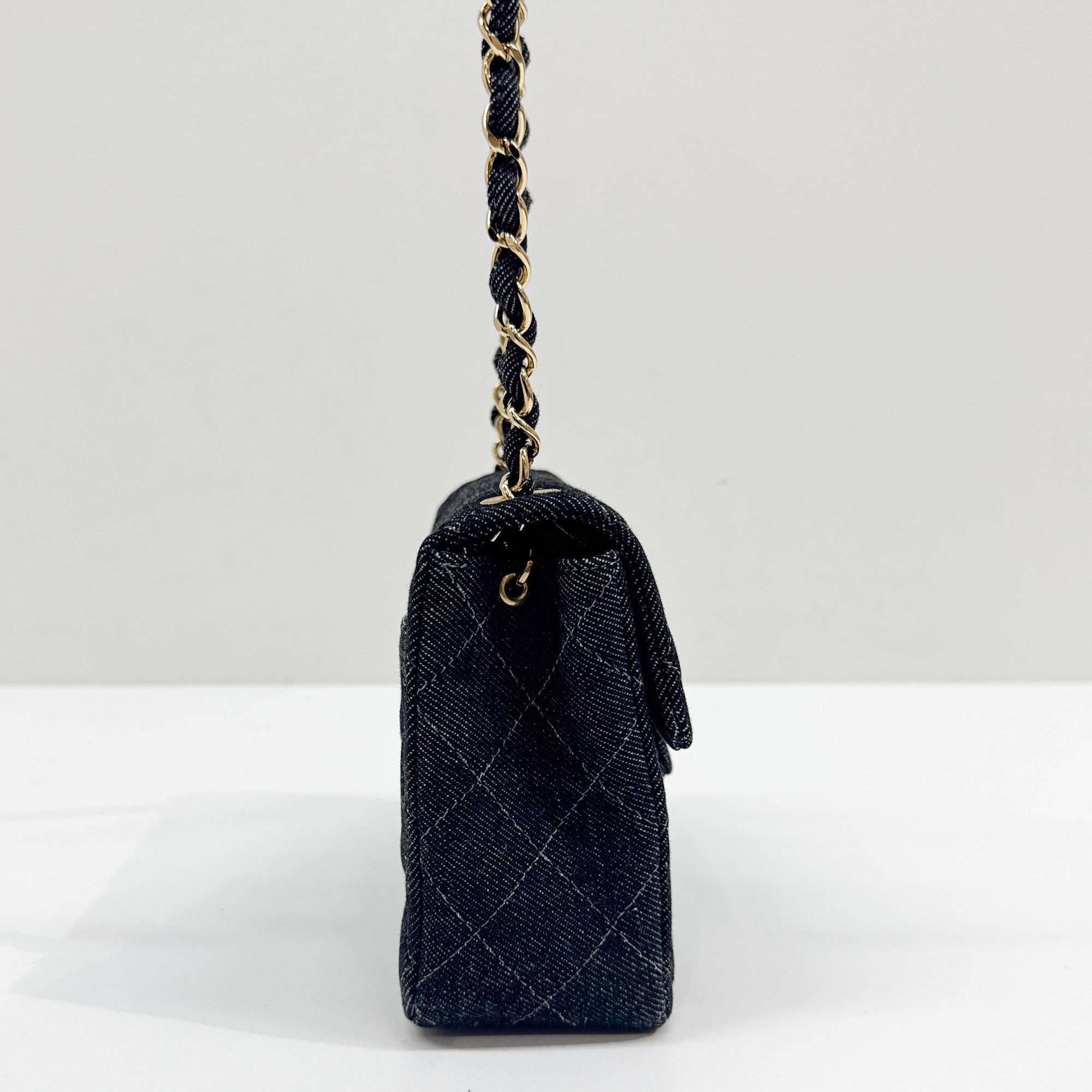 Mini Classic Flap Square Black Denim Shoulder Bag